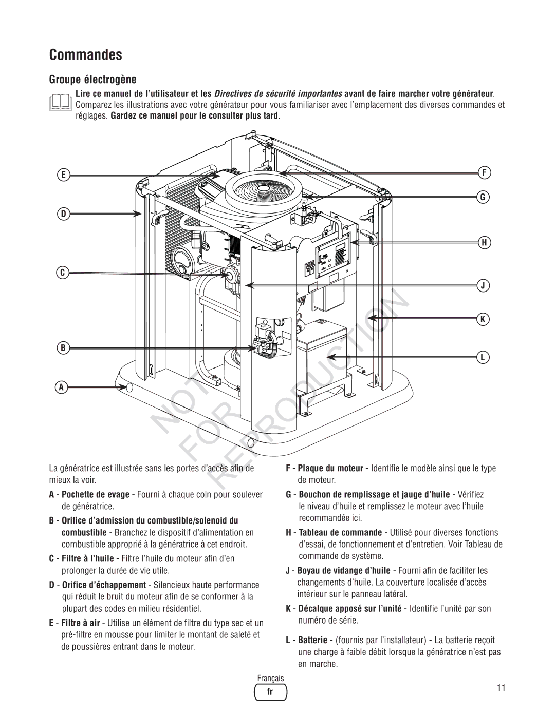 Ruud Generator Systems, GEN12AD-V manual Commandes, Groupe électrogène 