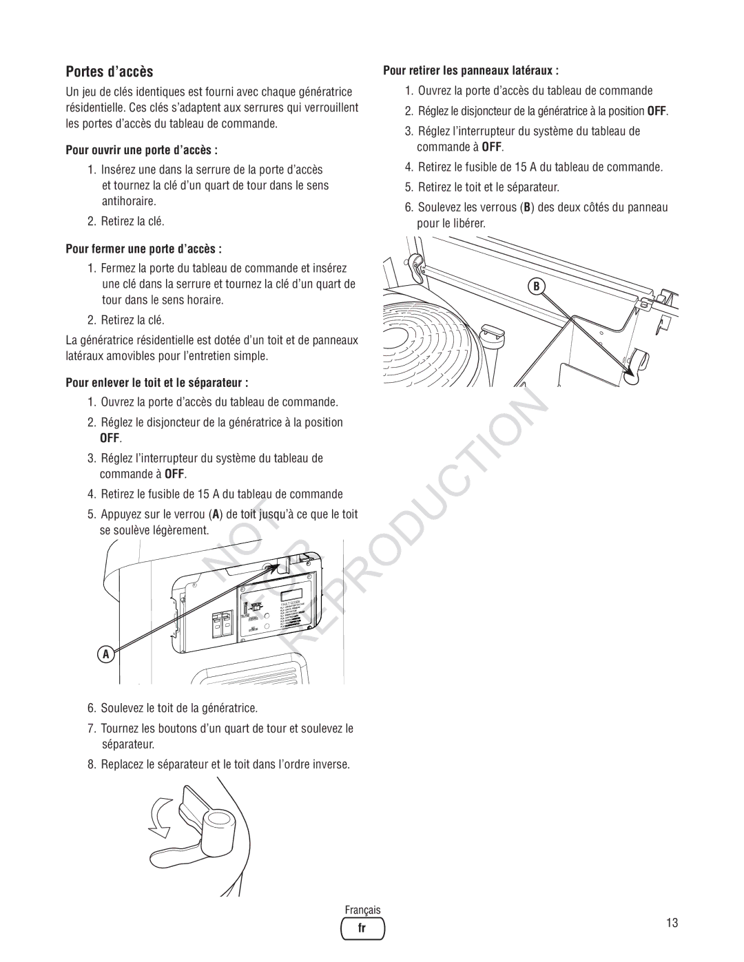 Ruud Generator Systems, GEN12AD-V manual Portes d’accès, Pour ouvrir une porte d’accès, Pour fermer une porte d’accès 