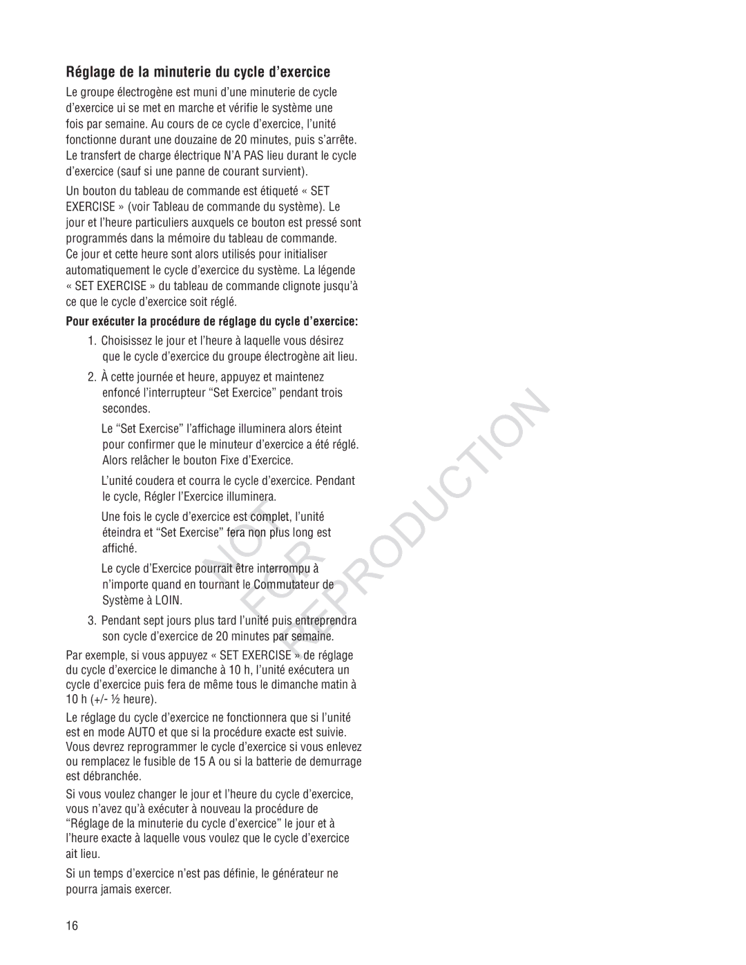 Ruud GEN12AD-V Réglage de la minuterie du cycle d’exercice, Pour exécuter la procédure de réglage du cycle d’exercice 