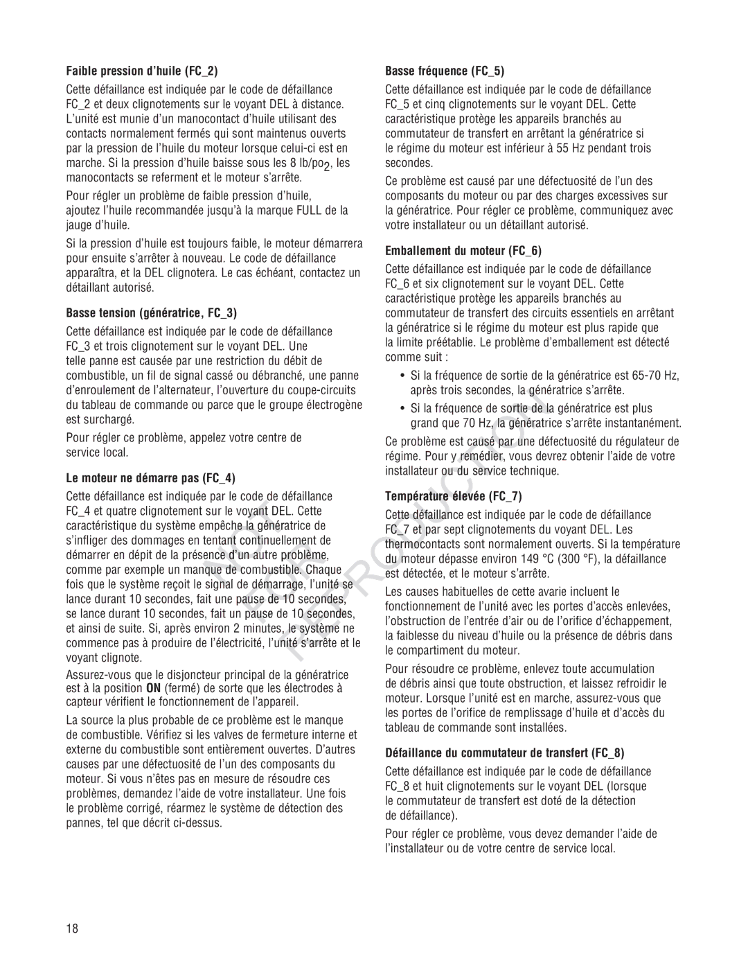 Ruud GEN12AD-V Emballement du moteur FC6, Basse tension génératrice, FC3, Défaillance du commutateur de transfert FC8 