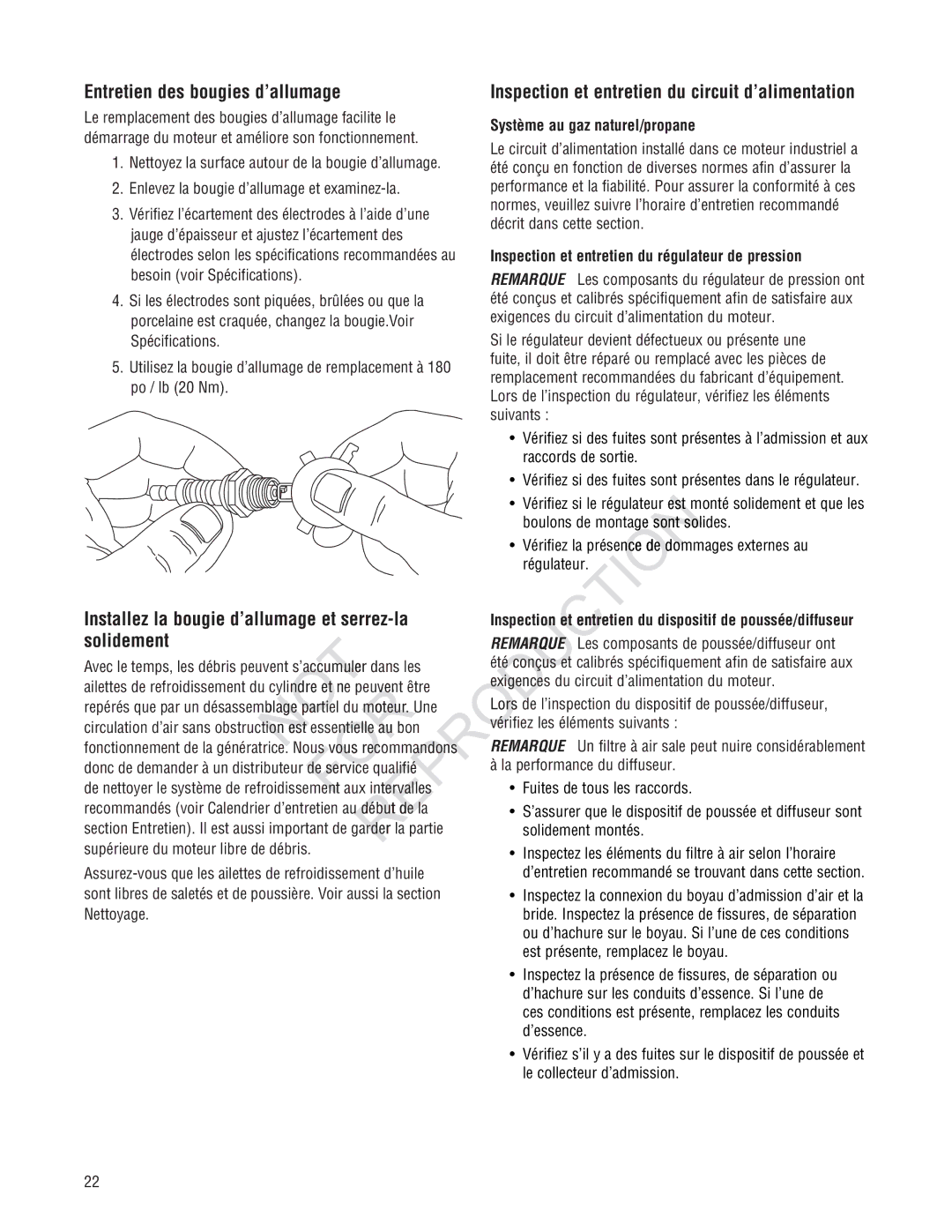 Ruud GEN12AD-V Installez la bougie d’allumage et serrez-la, Solidement, Inspection et entretien du circuit d’alimentation 