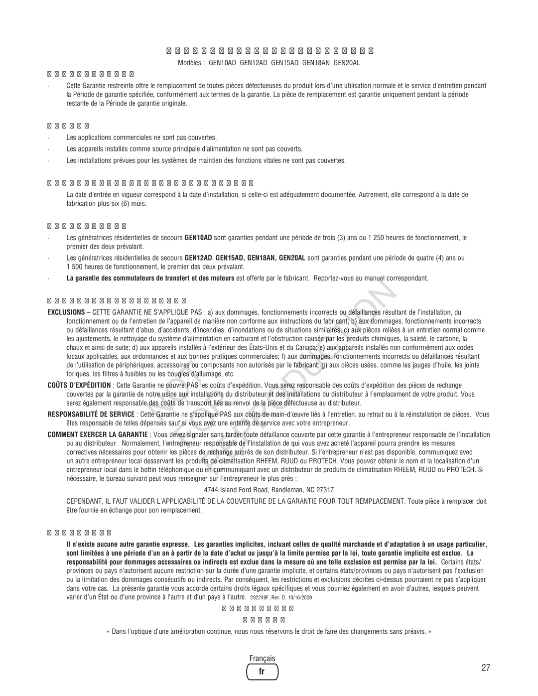 Ruud Generator Systems, GEN12AD-V manual Génératrices résidentielles de secours Protech, Étendue DE LA Garantie 