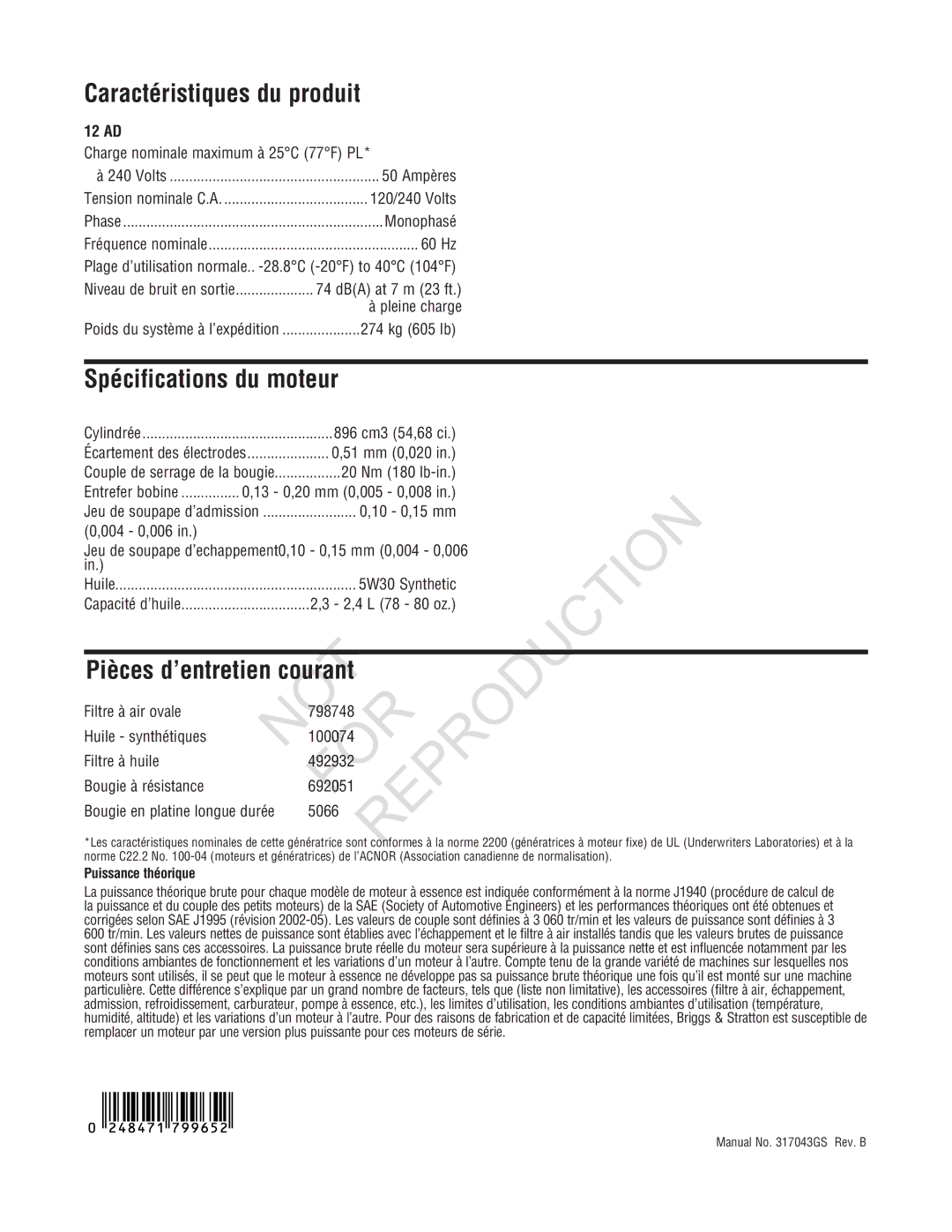 Ruud GEN12AD-V, Generator Systems manual Reprodction, Caractéristiques du produit, Pièces d’entretien courant 