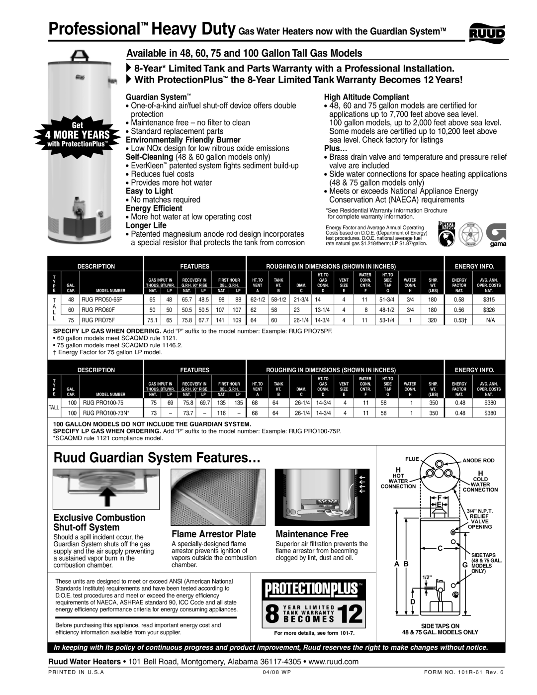 Ruud PH20V40F warranty Guardian System, Environmentally Friendly Burner, Easy to Light, Energy Efficient, Longer Life 