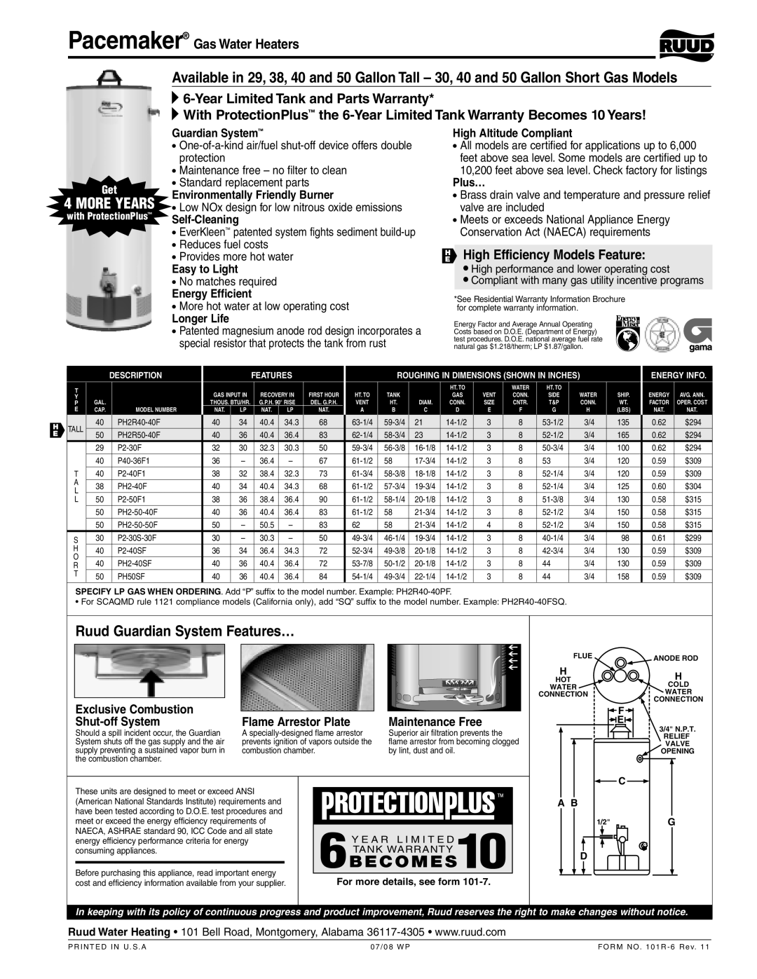 Ruud PH20V50F warranty Pacemaker Gas Water Heaters, HE High Efficiency Models Feature, Ruud Guardian System Features… 