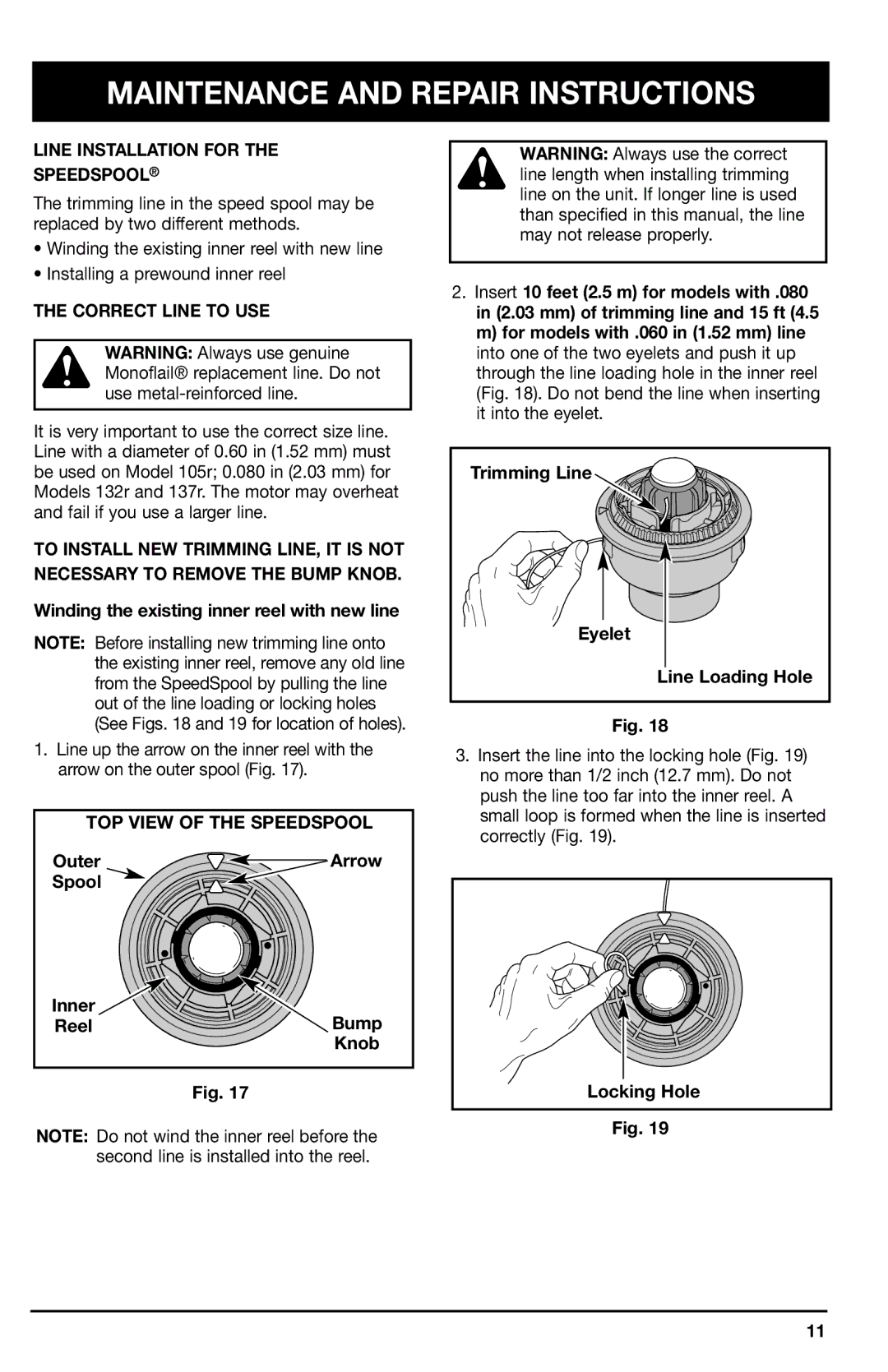 Ryobi 105r, 132r, 137r manual Maintenance and Repair Instructions, Line Installation for Speedspool, Correct Line to USE 