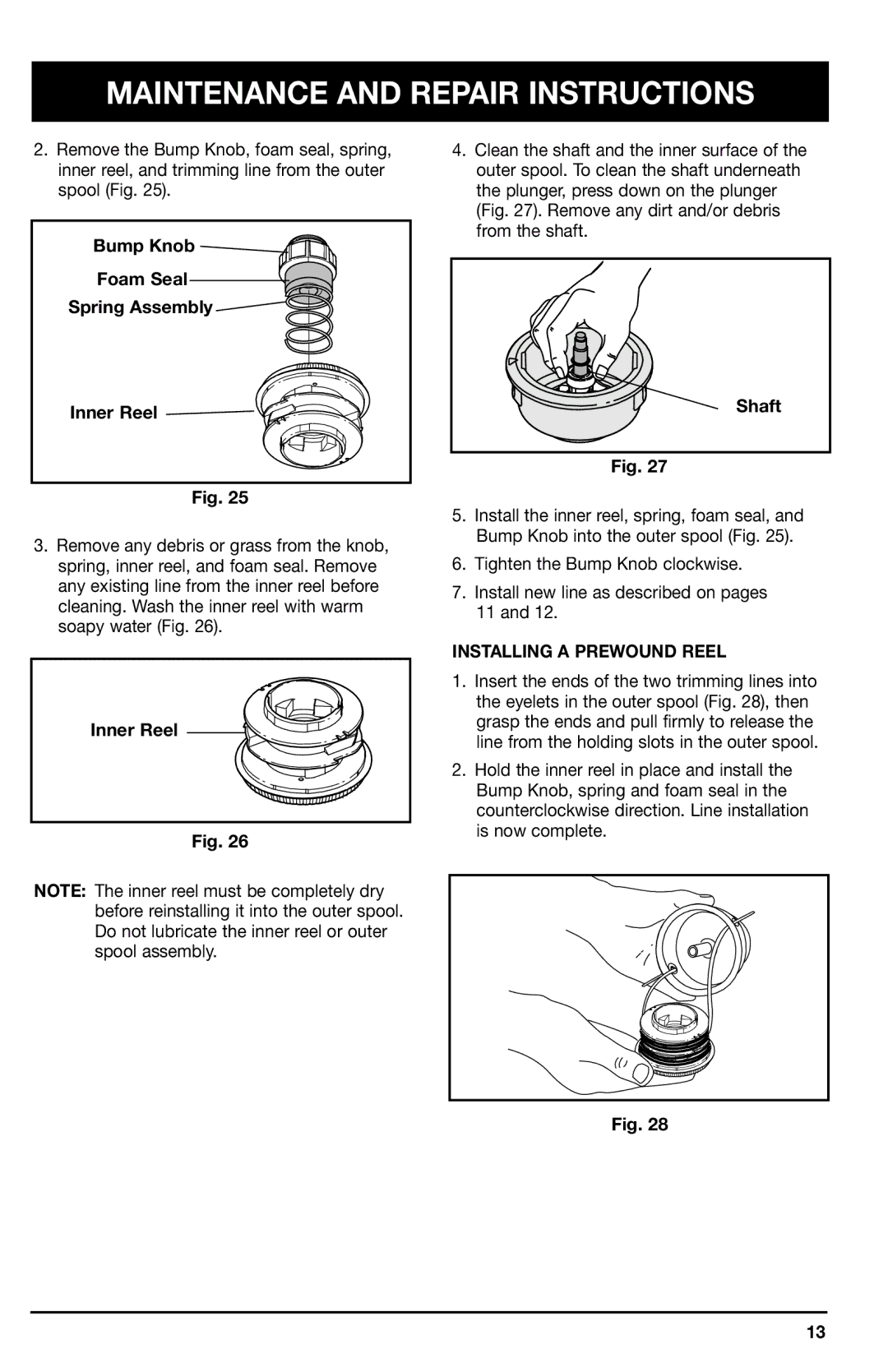 Ryobi 105r, 132r, 137r manual Bump Knob Foam Seal Spring Assembly Inner Reel, Shaft, Installing a Prewound Reel 