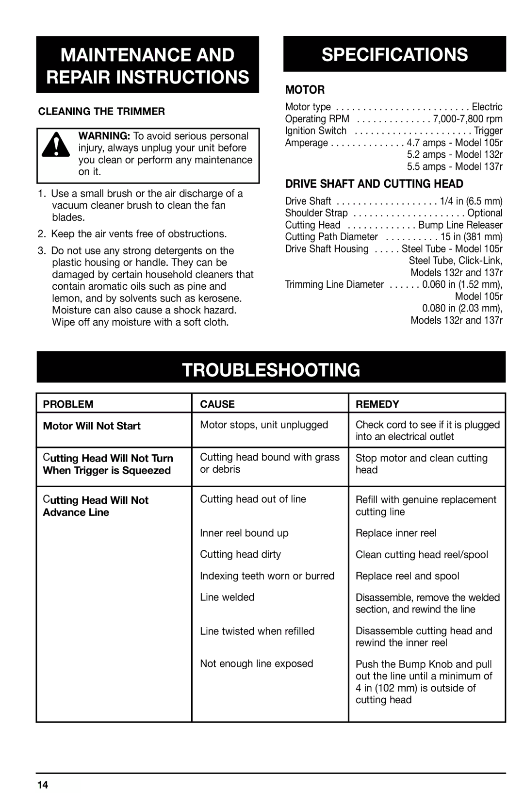 Ryobi 105r, 132r, 137r manual Maintenance Repair Instructions, Specifications, Troubleshooting, Cleaning the Trimmer 