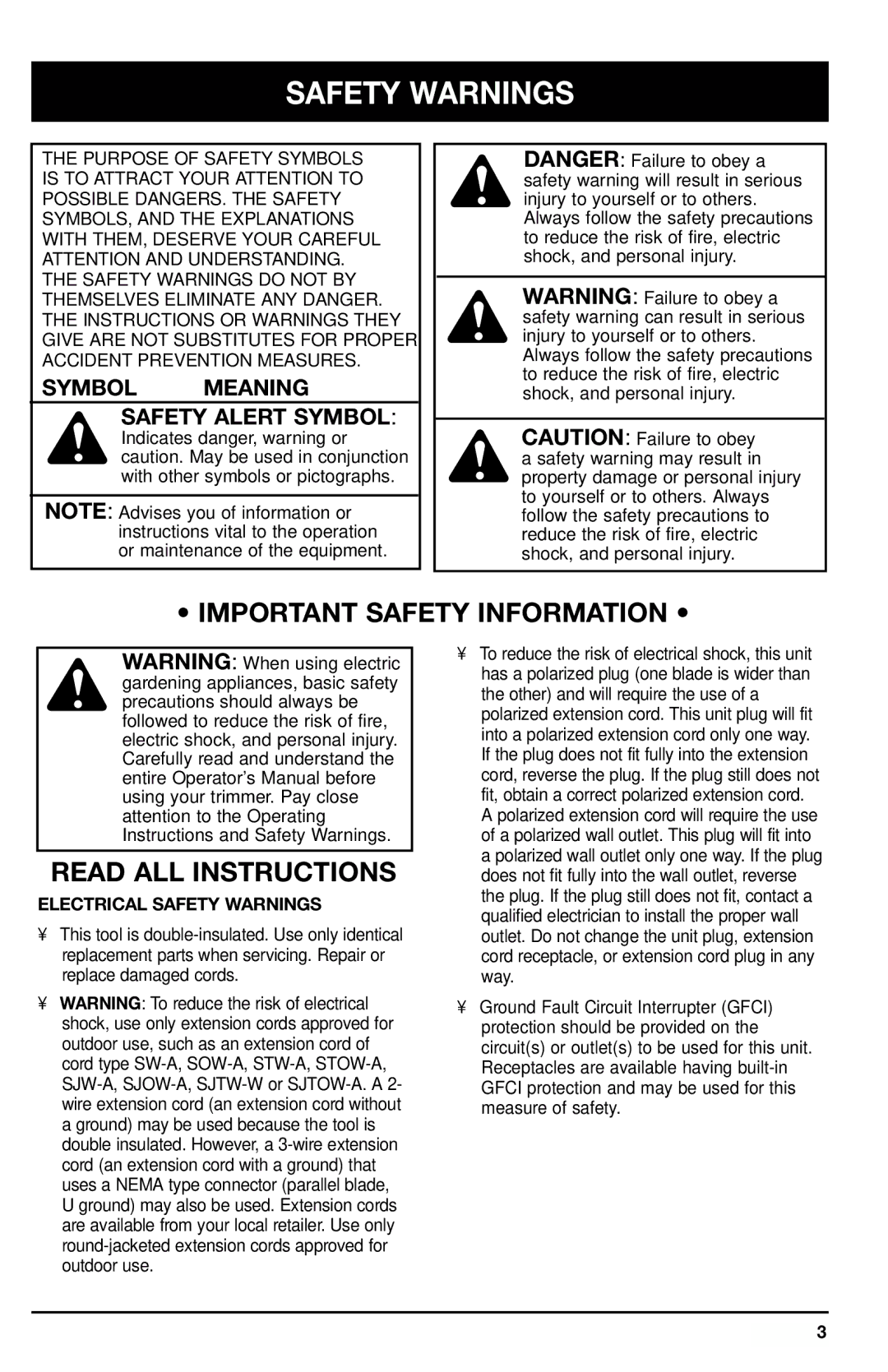 Ryobi 105r, 132r, 137r manual Electrical Safety Warnings 