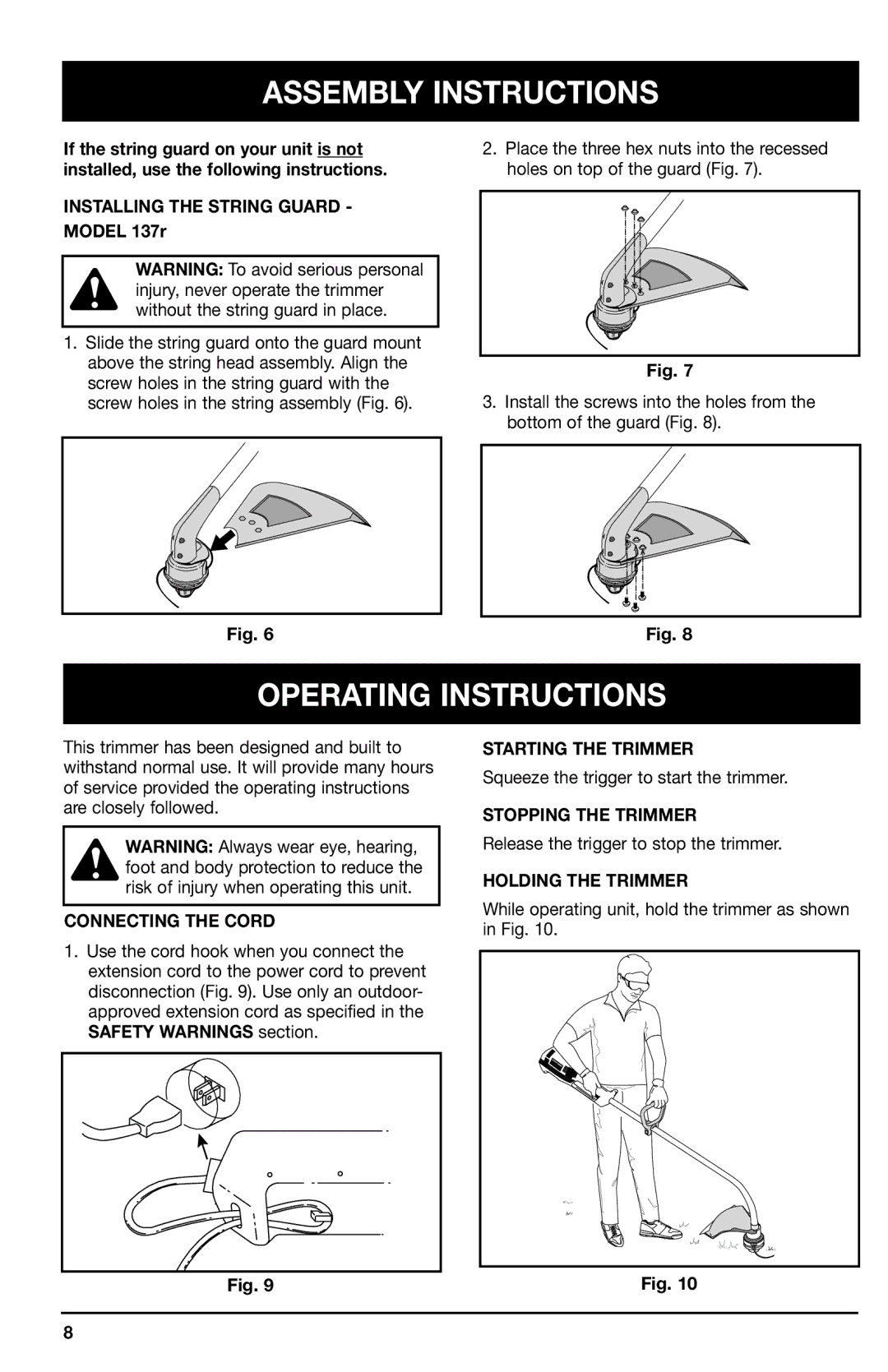 Ryobi 105r, 132r, 137r manual Operating Instructions, Connecting the Cord, Starting the Trimmer, Stopping the Trimmer 