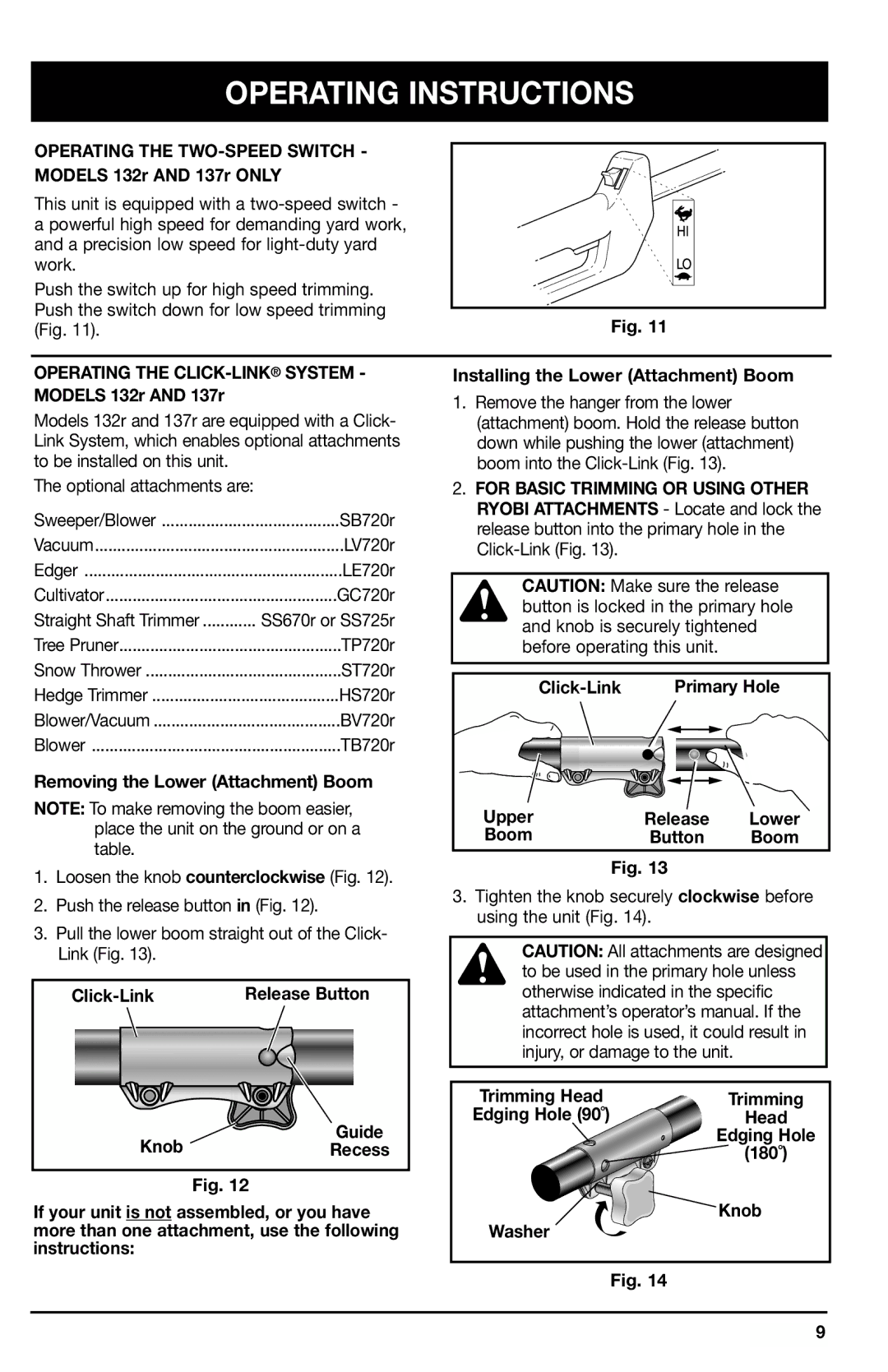 Ryobi 105r, 132r, 137r manual Operating the TWO-SPEED Switch 