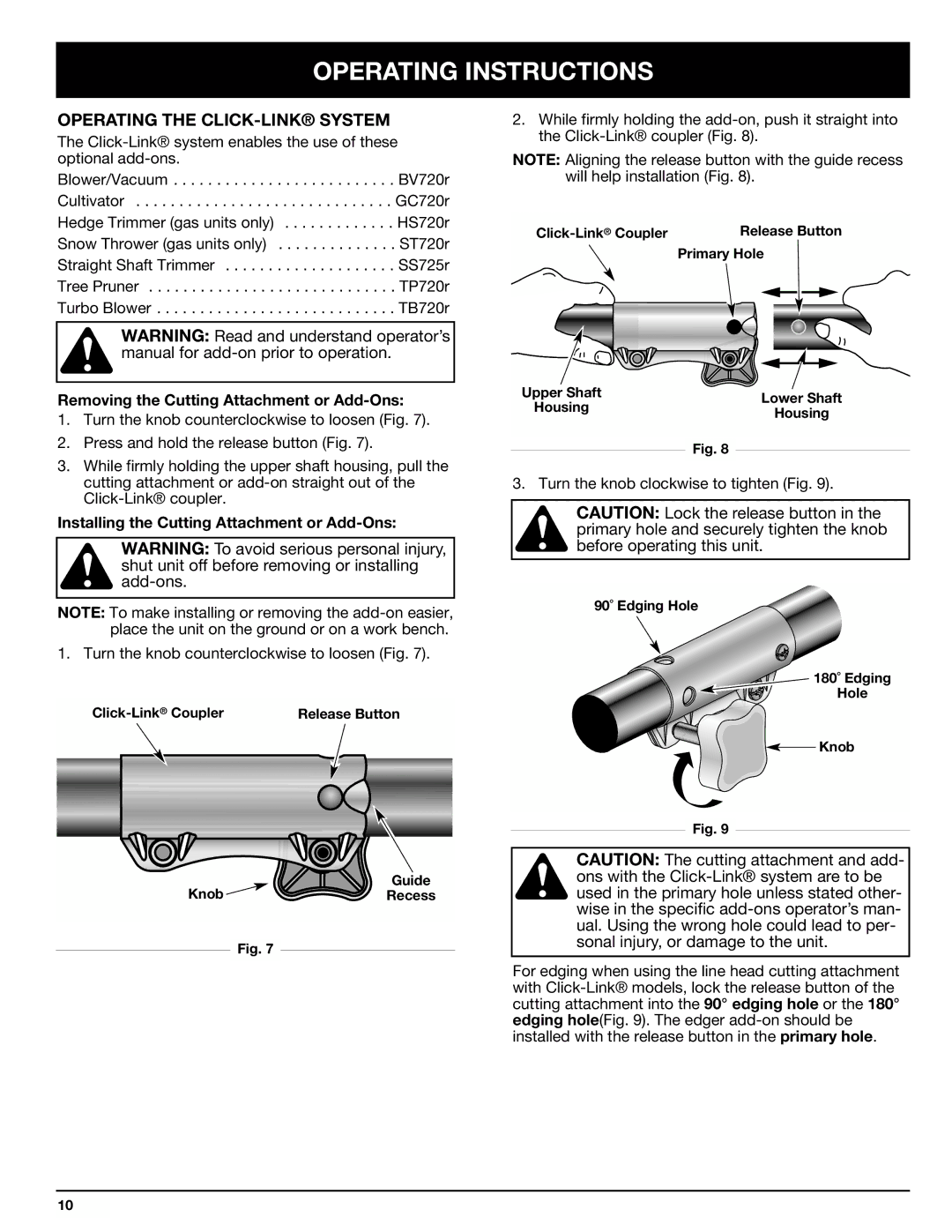 Ryobi 130rEB manual Operating the CLICK-LINK System, Click-Link system enables the use of these optional add-ons 