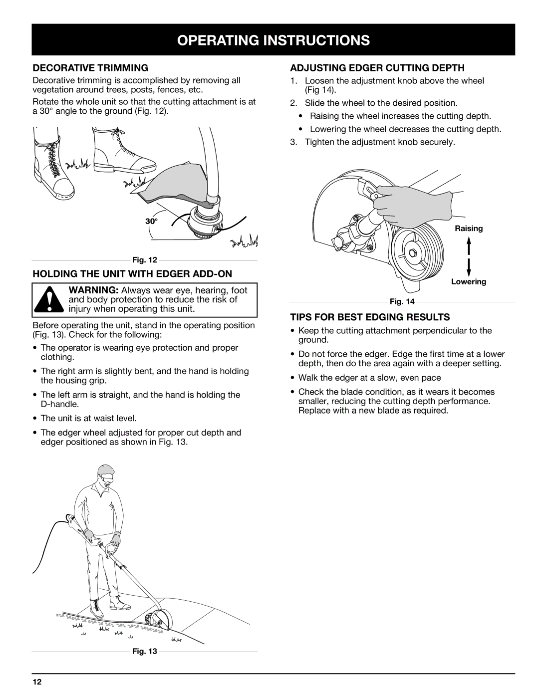 Ryobi 130rEB manual Decorative Trimming, Adjusting Edger Cutting Depth, Holding the Unit with Edger ADD-ON 