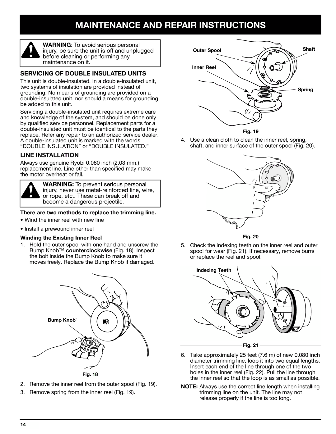 Ryobi 130rEB manual Maintenance and Repair Instructions, Servicing of Double Insulated Units, Line Installation 