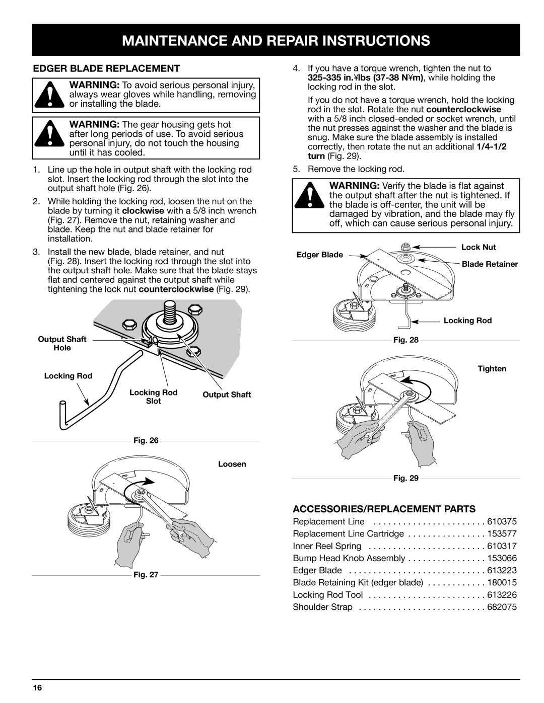 Ryobi 130rEB manual Edger Blade Replacement, ACCESSORIES/REPLACEMENT Parts 