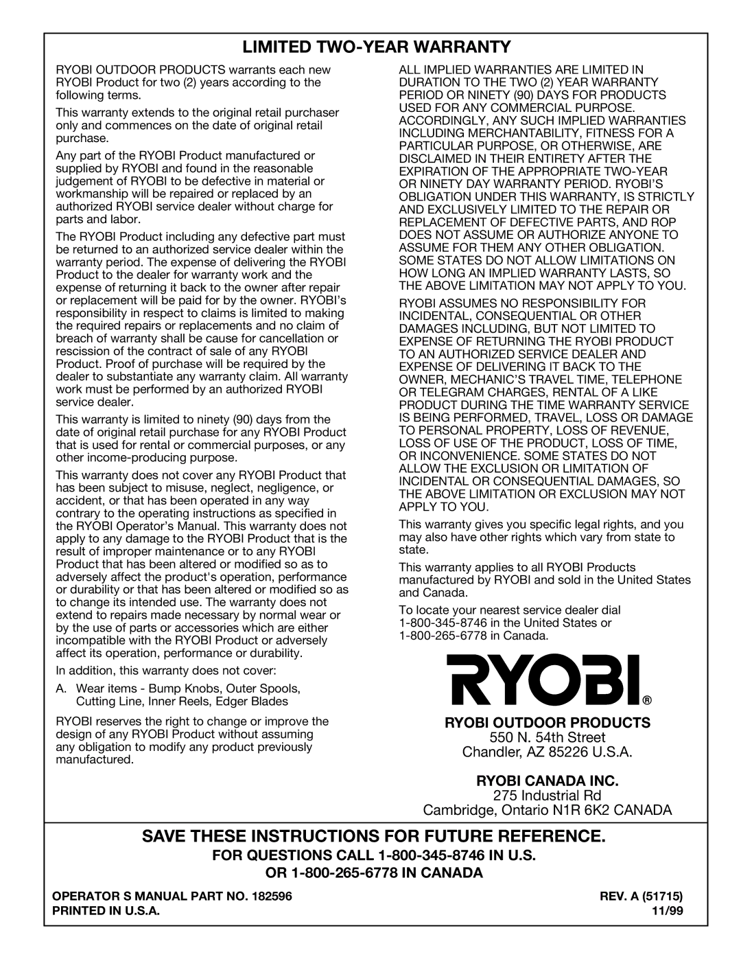 Ryobi 130rEB manual Limited TWO-YEAR Warranty 