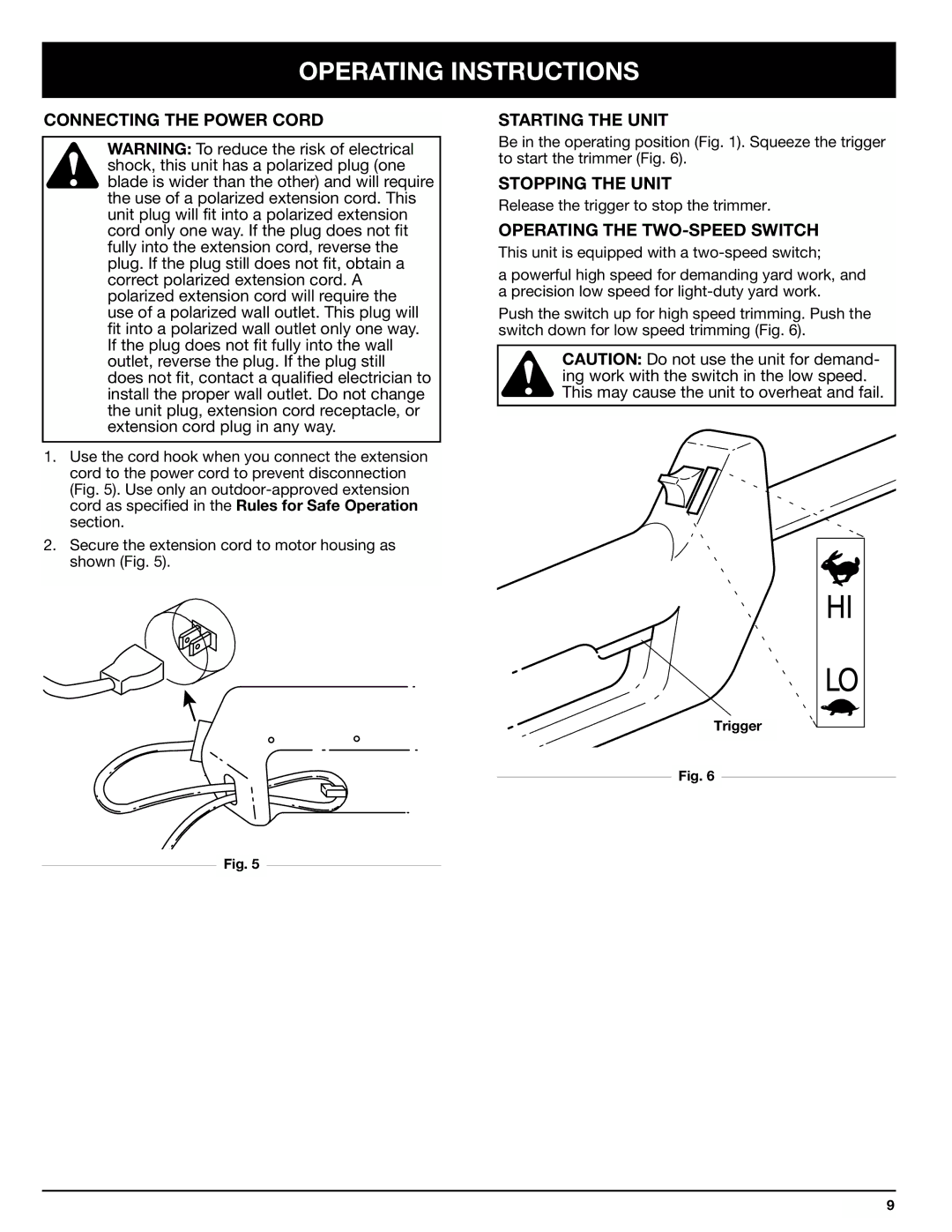 Ryobi 130rEB manual Operating Instructions, Connecting the Power Cord, Starting the Unit, Stopping the Unit 