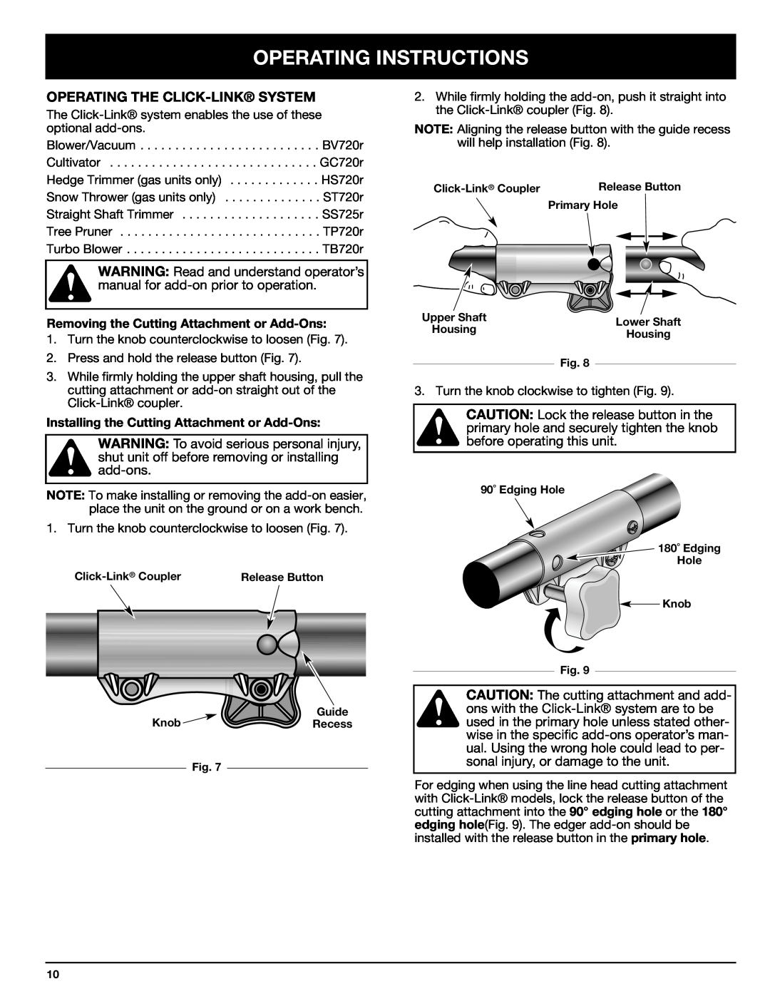 Ryobi 130rEB manual Operating Instructions, Operating The Click-Link System, Removing the Cutting Attachment or Add-Ons 