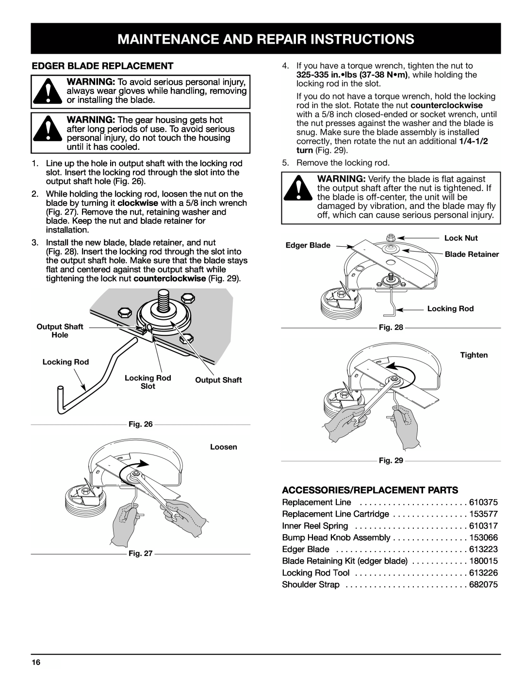 Ryobi 130rEB manual Maintenance And Repair Instructions, Edger Blade Replacement, Accessories/Replacement Parts 