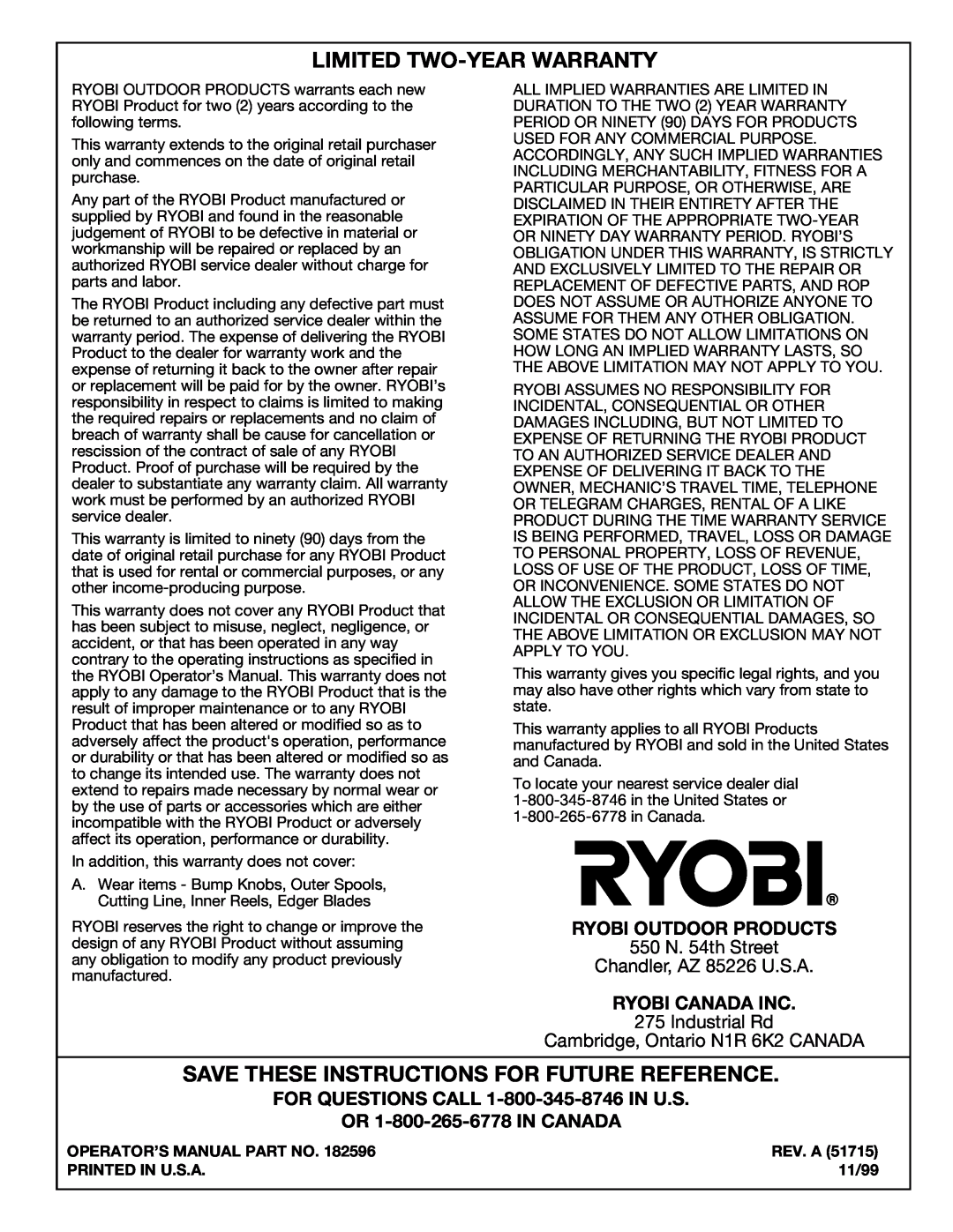 Ryobi 130rEB manual Limited Two-Year Warranty, Save These Instructions For Future Reference, Ryobi Outdoor Products, Rev. A 