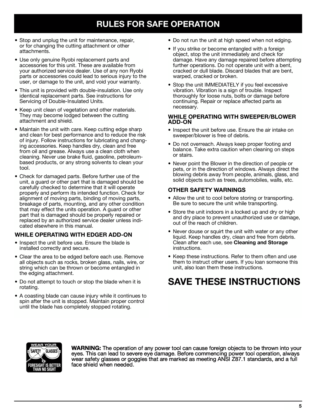 Ryobi 130rEB Save These Instructions, Rules For Safe Operation, While Operating With Edger Add-On, Other Safety Warnings 