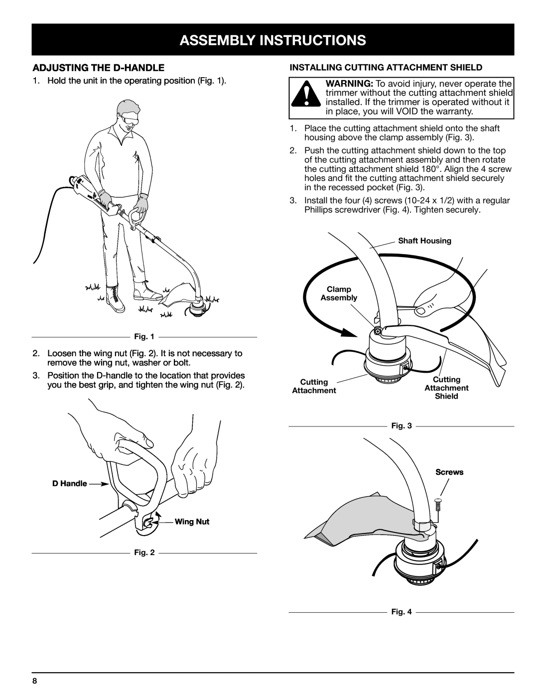 Ryobi 130rEB manual Assembly Instructions, Adjusting The D-Handle, Installing Cutting Attachment Shield 