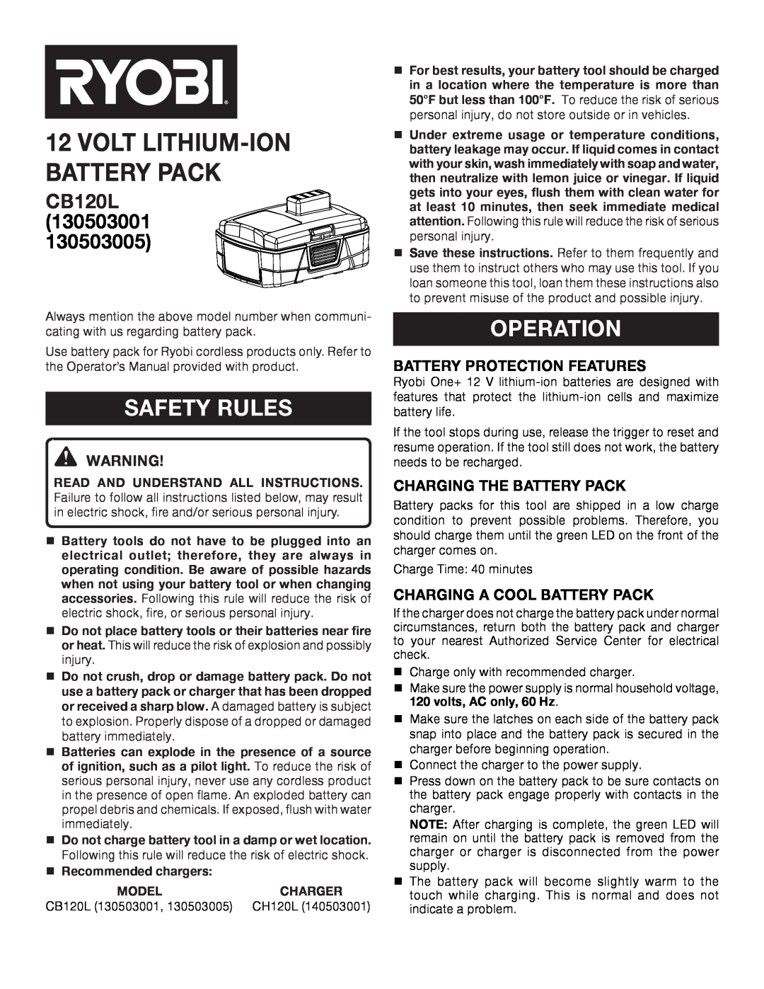 Ryobi 140503001, CH120L manual safety rules, operation, CB120L 130503001 130503005, Battery Protection Features 