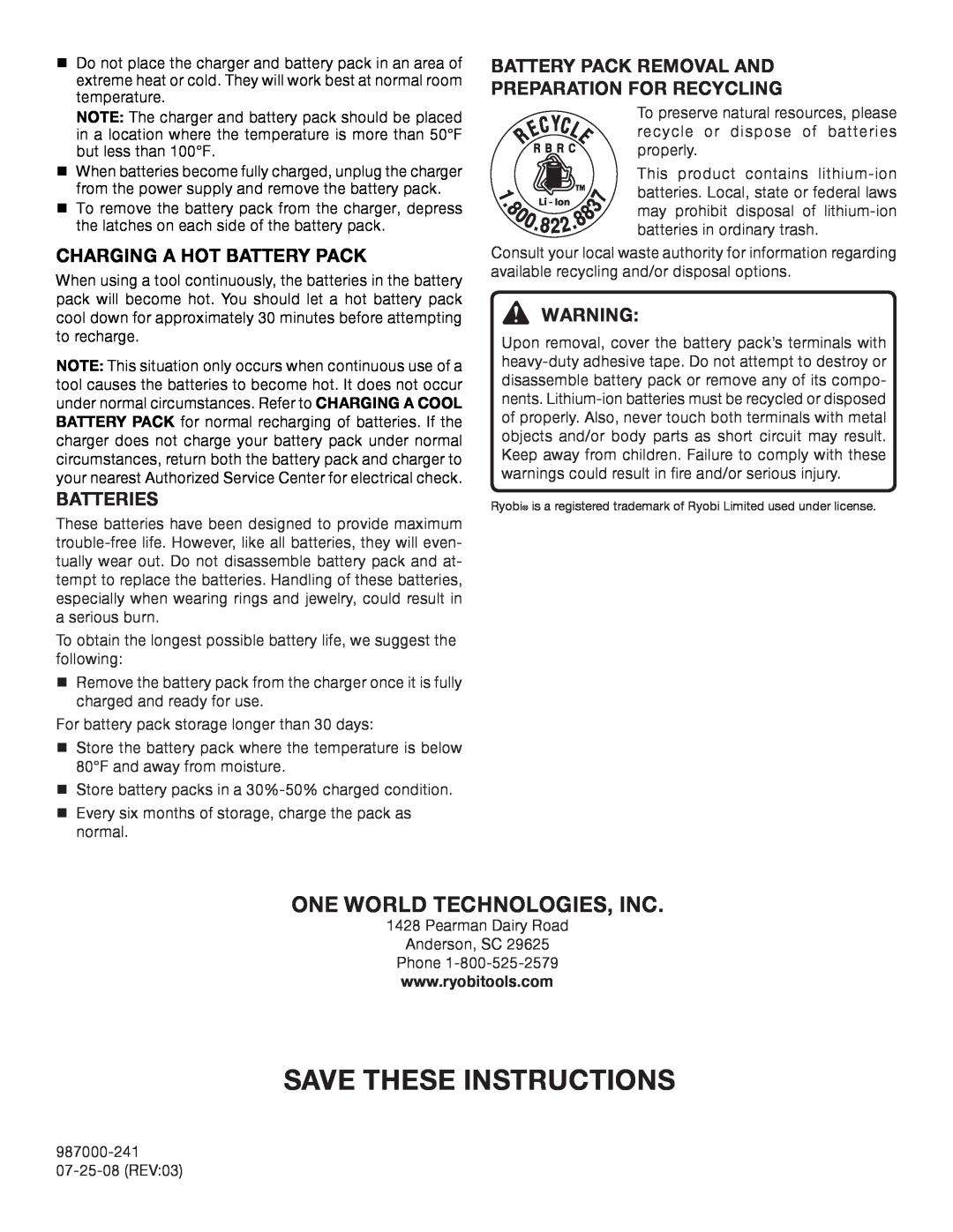 Ryobi CH120L, 140503001 manual Save These Instructions, One World Technologies, Inc, Charging A Hot Battery Pack, Batteries 