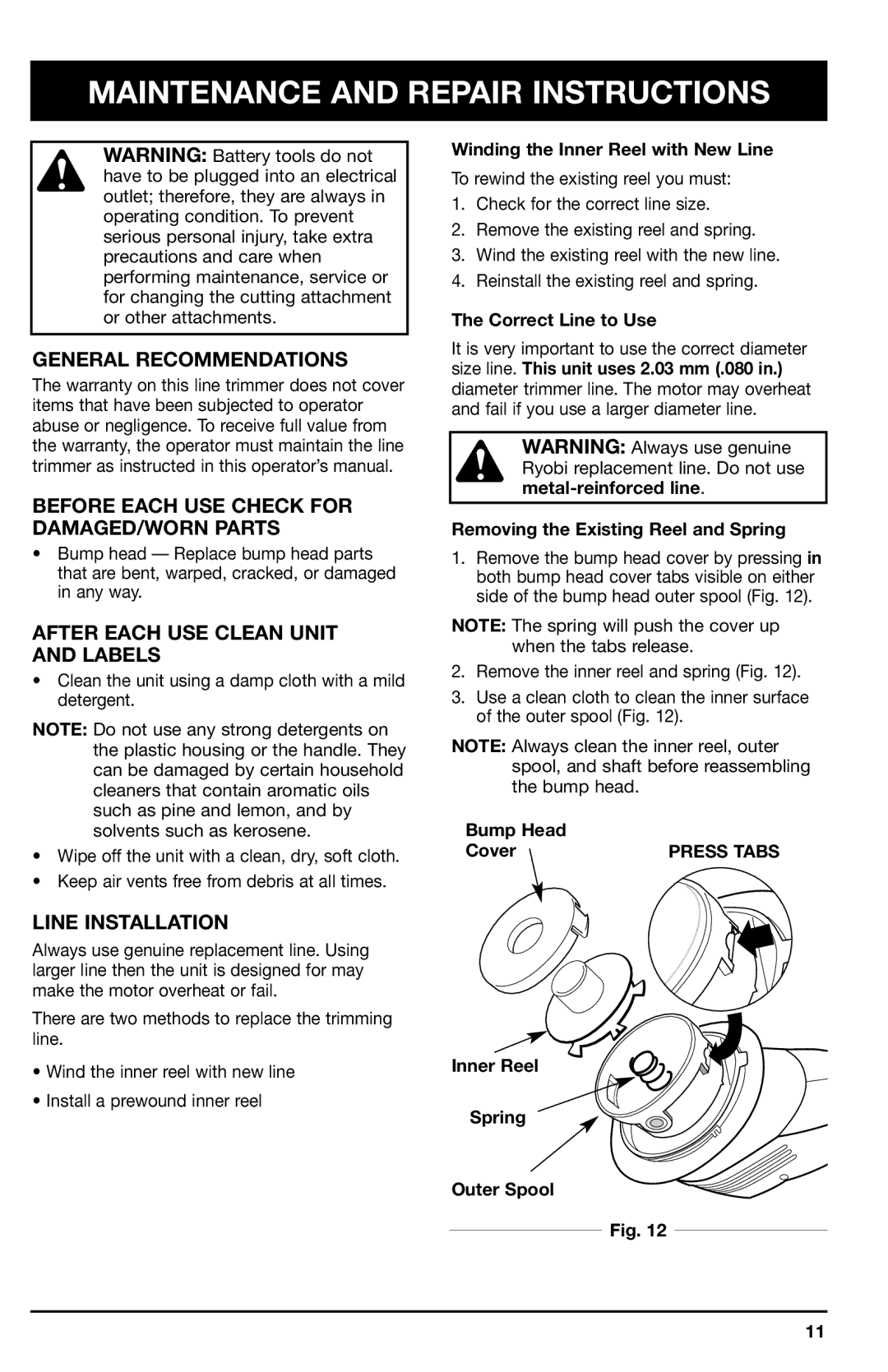 Ryobi 150r Maintenance and Repair Instructions, General Recommendations, Before Each USE Check for DAMAGED/WORN Parts 