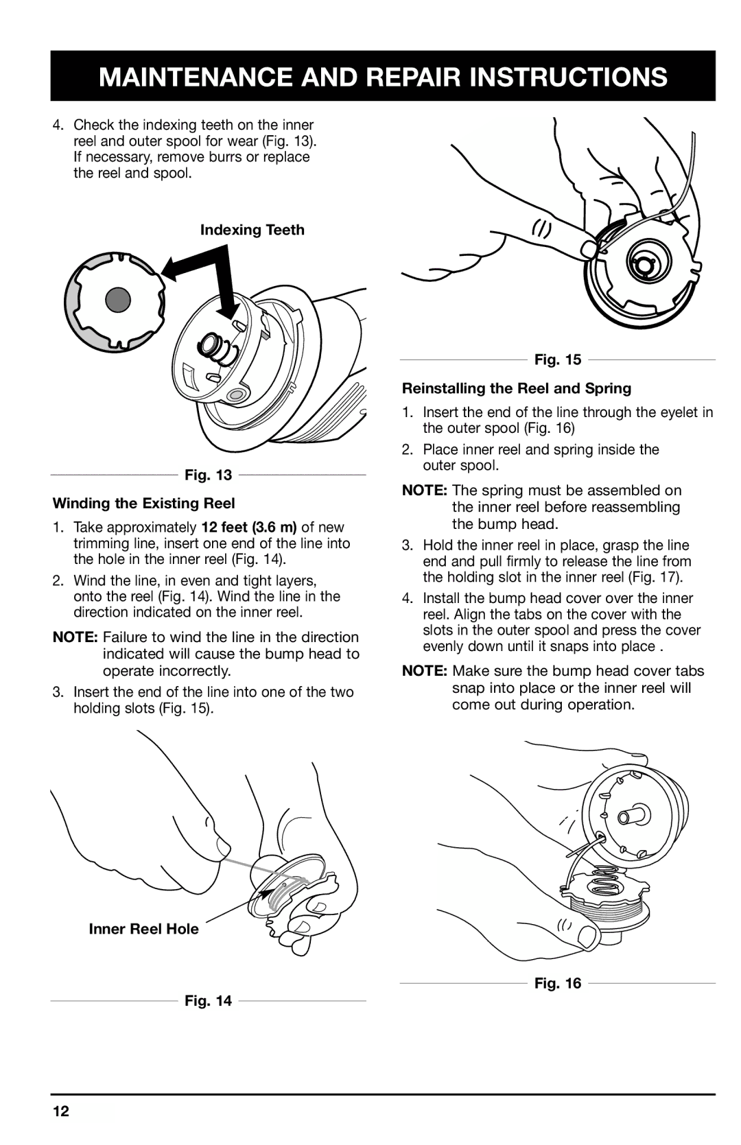 Ryobi 150r manual Indexing Teeth Winding the Existing Reel, Reinstalling the Reel and Spring, Inner Reel Hole 