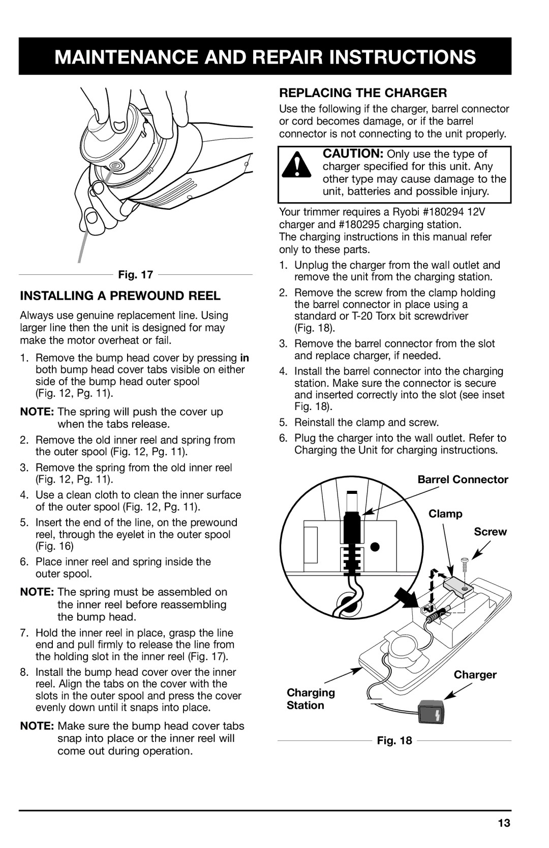 Ryobi 150r manual Installing a Prewound Reel, Replacing the Charger, Barrel Connector Clamp Screw Charger Charging Station 