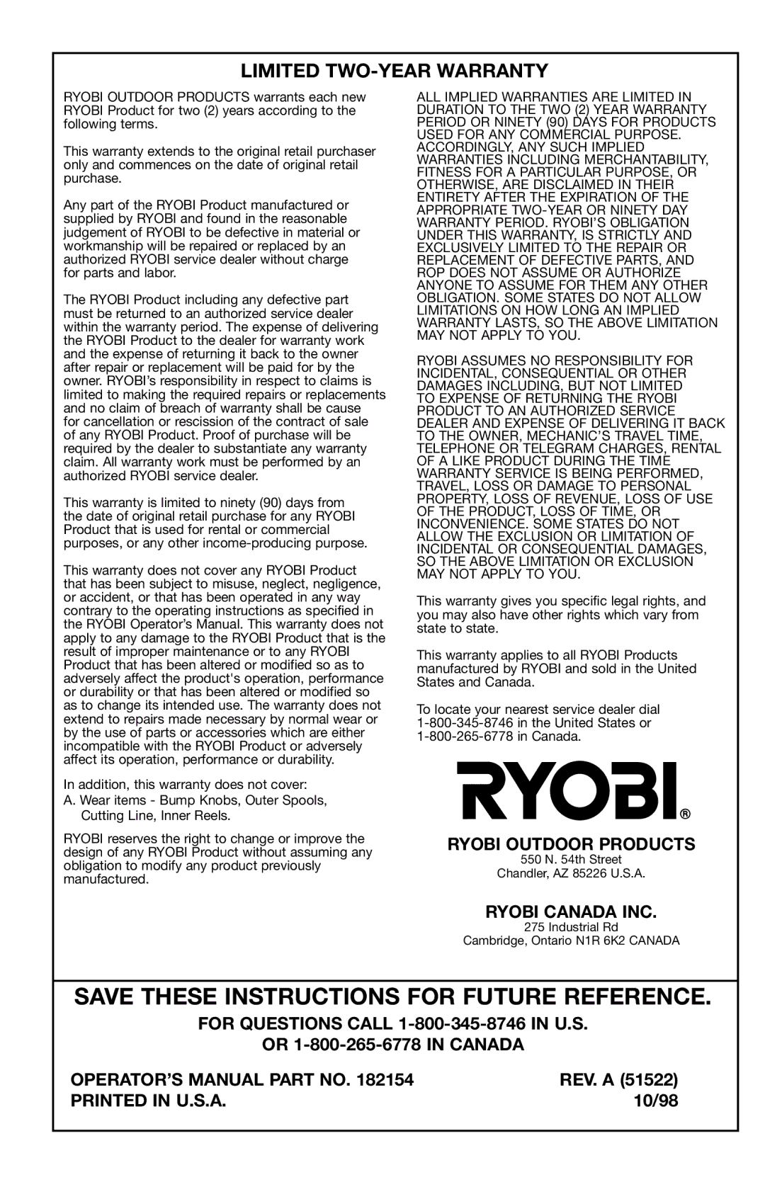 Ryobi 150r manual Limited TWO-YEAR Warranty, Ryobi Outdoor Products, Ryobi Canada INC, OPERATOR’S Manual Part no 