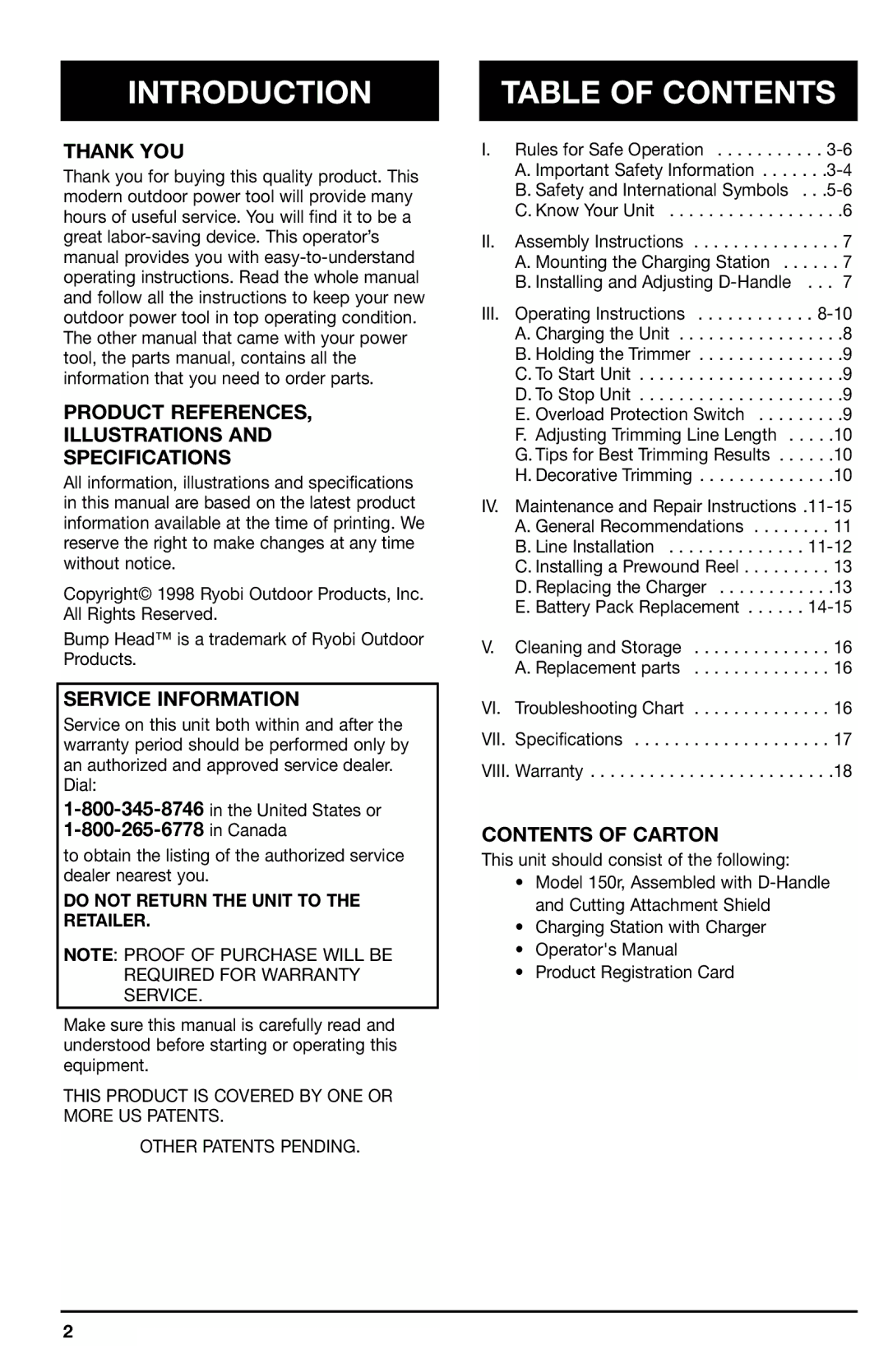 Ryobi 150r manual Introduction, Table of Contents 