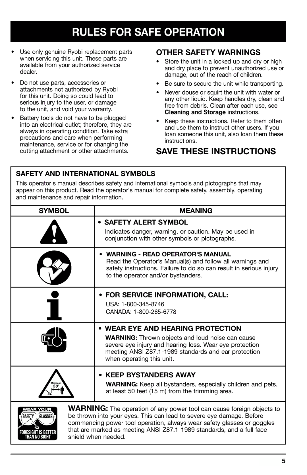 Ryobi 150r manual Other Safety Warnings, Safety and International Symbols, For Service INFORMATION, Call 