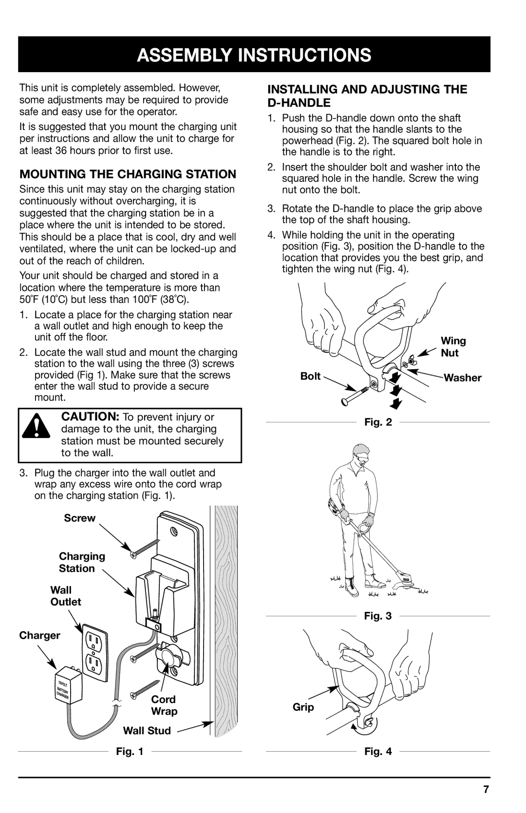 Ryobi 150r manual Assembly Instructions, Mounting the Charging Station, Installing and Adjusting the D-HANDLE 