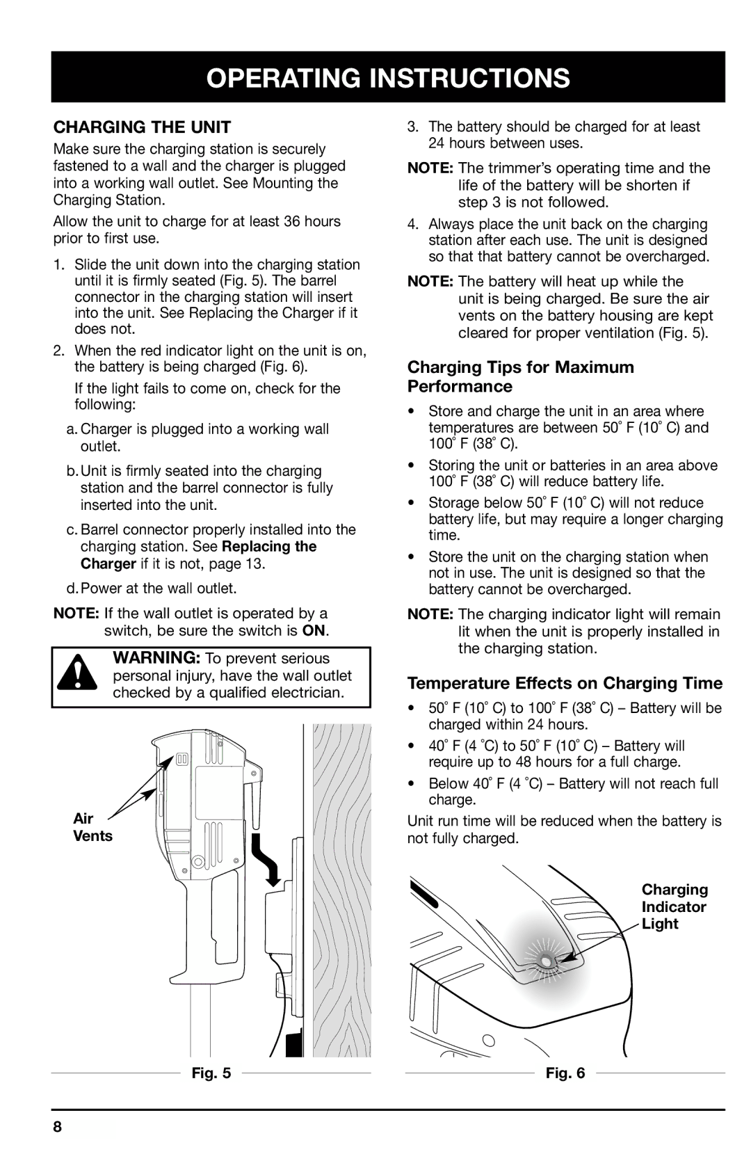 Ryobi 150r manual Operating Instructions, Charging the Unit, Air Vents, Charging Indicator Light 