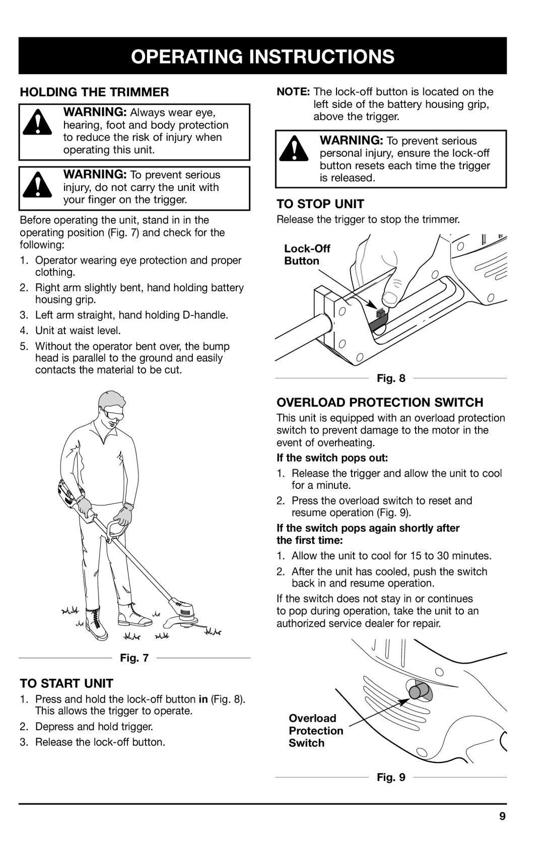 Ryobi 150r manual Holding the Trimmer, To Start Unit, To Stop Unit, Overload Protection Switch 