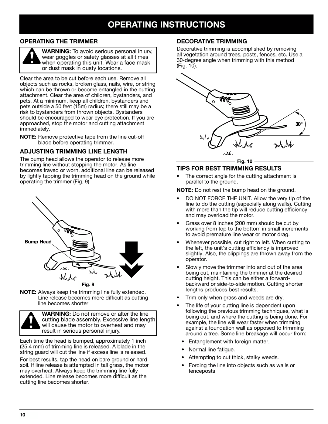 Ryobi 155r Operating the Trimmer, Adjusting Trimming Line Length, Decorative Trimming, Tips for Best Trimming Results 