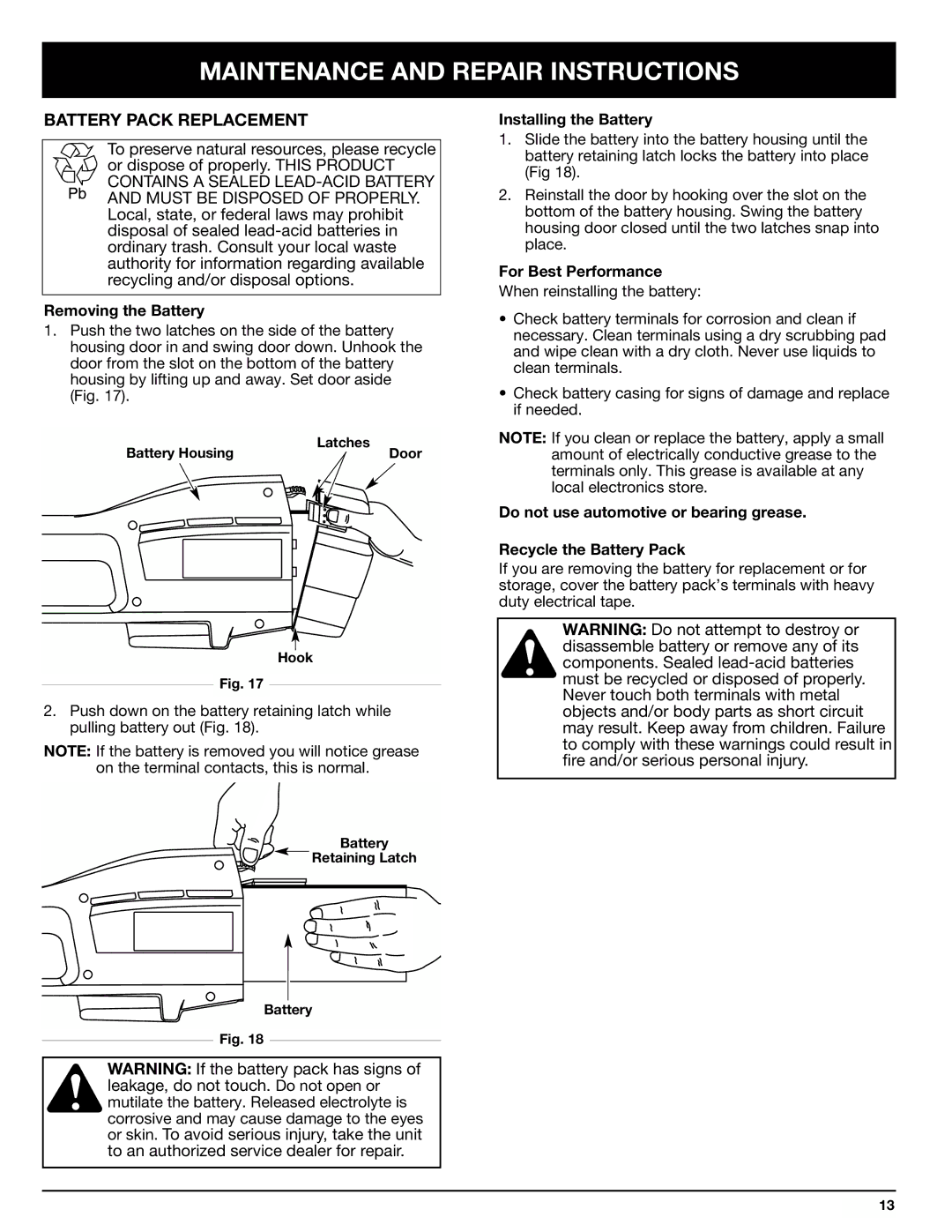 Ryobi 155r manual Battery Pack Replacement, Removing the Battery 