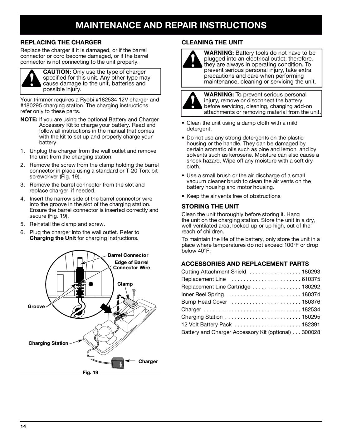 Ryobi 155r manual Replacing the Charger, Cleaning the Unit, Storing the Unit, Accessories and Replacement Parts 