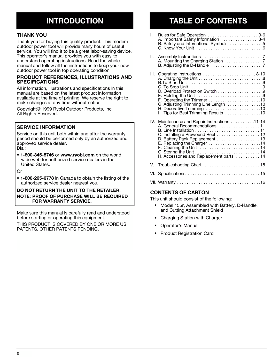 Ryobi 155r manual Introduction, Table of Contents 