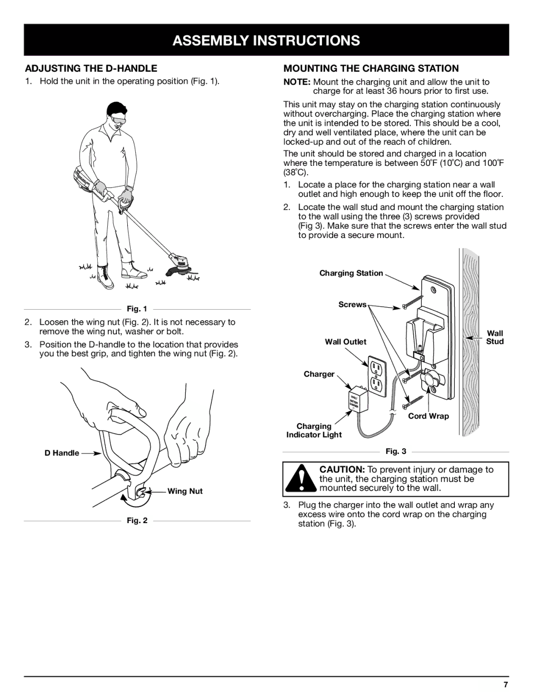 Ryobi 155r manual Assembly Instructions, Adjusting the D-HANDLE, Mounting the Charging Station 