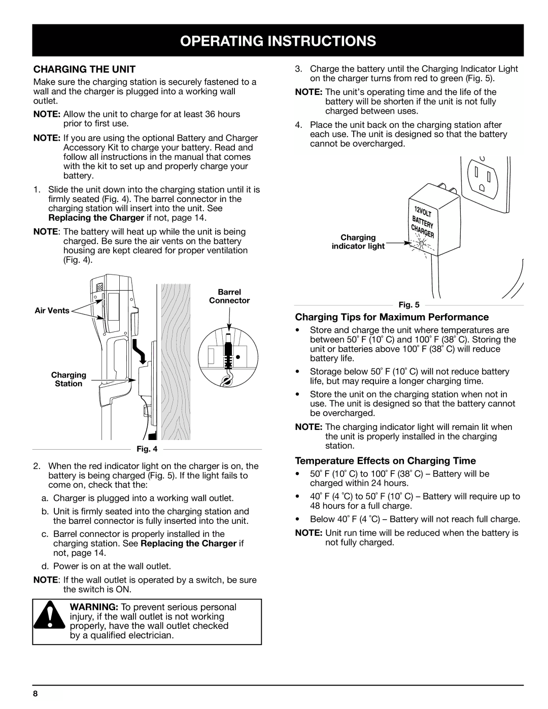 Ryobi 155r manual Operating Instructions, Charging the Unit 