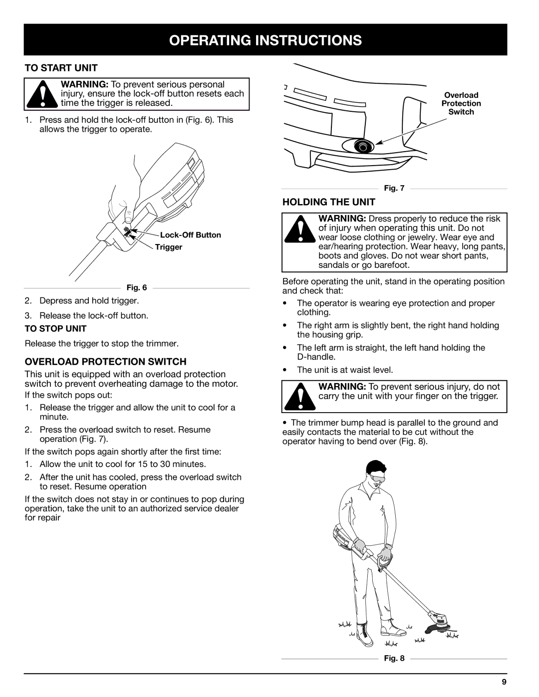 Ryobi 155r manual To Start Unit, Overload Protection Switch, Holding the Unit 