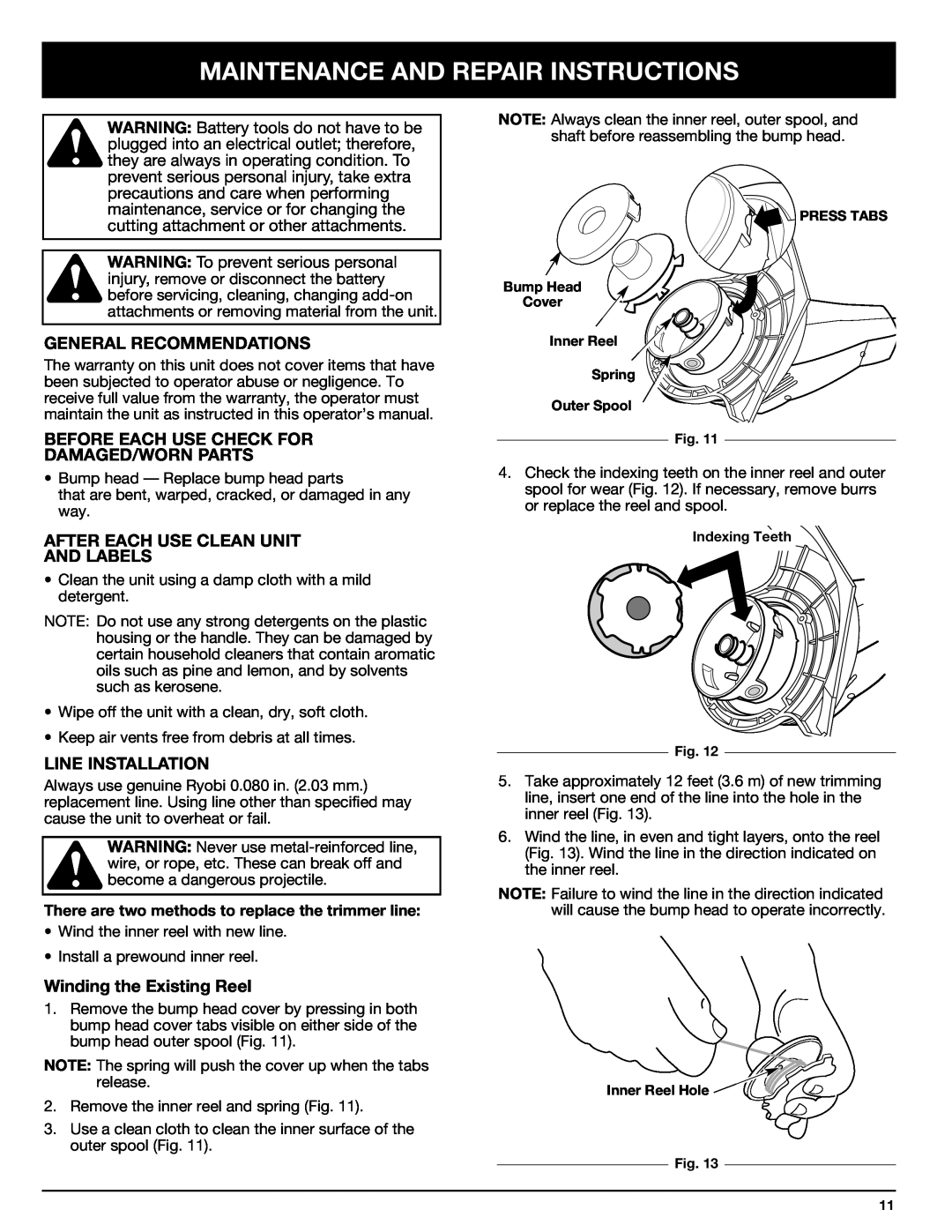 Ryobi 155r Maintenance And Repair Instructions, General Recommendations, Before Each Use Check For Damaged/Worn Parts 