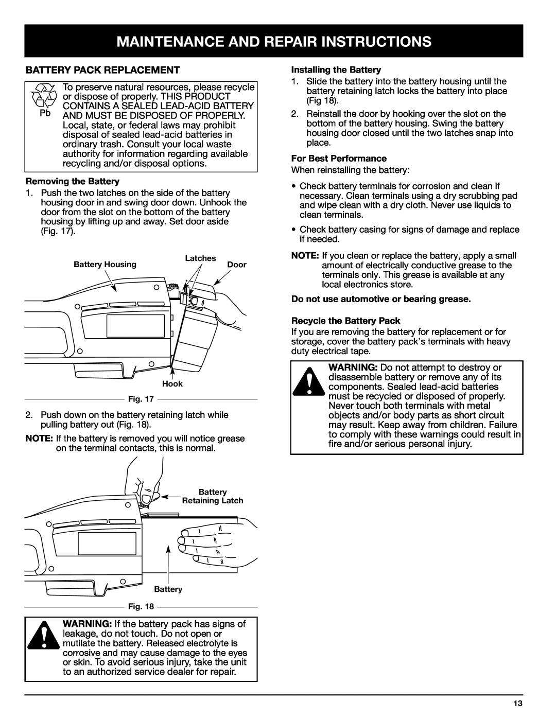 Ryobi 155r Battery Pack Replacement, Maintenance And Repair Instructions, Removing the Battery, Installing the Battery 