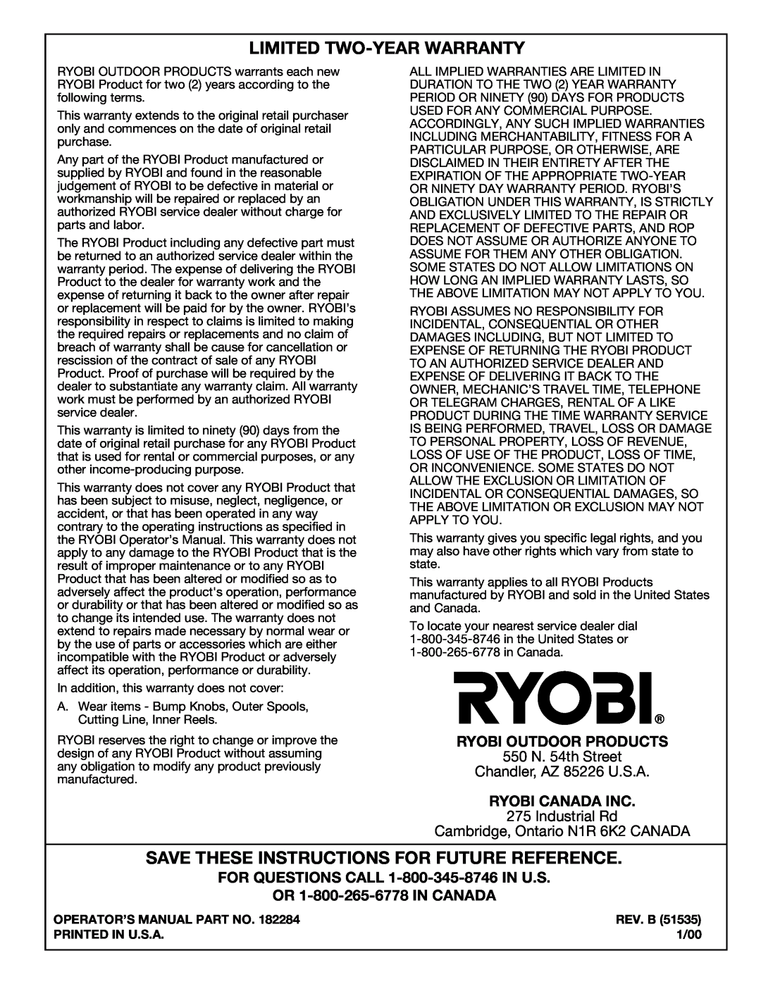 Ryobi 155r Limited Two-Yearwarranty, Save These Instructions For Future Reference, Ryobi Outdoor Products, Industrial Rd 