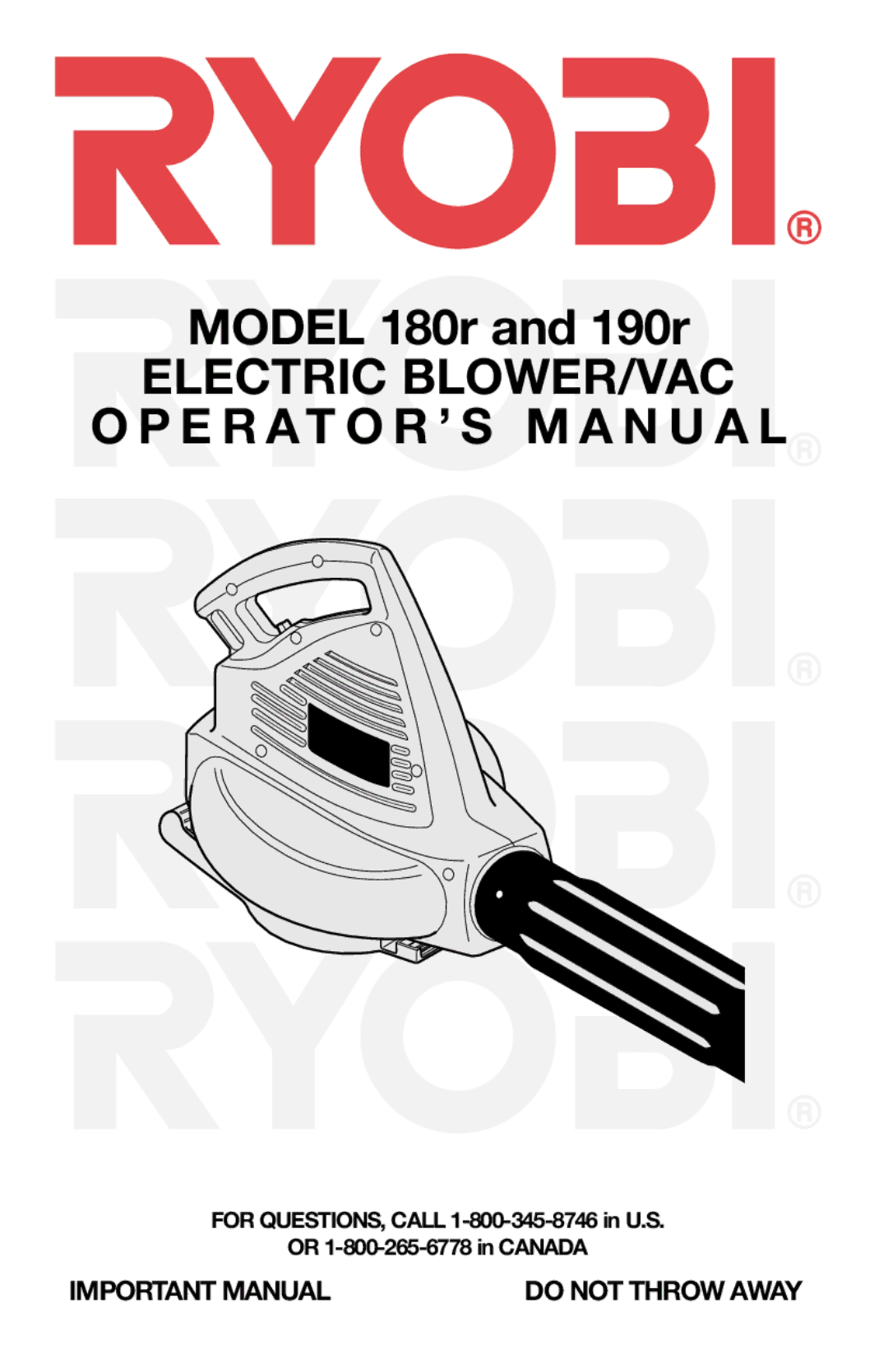 Ryobi 180r, 190r, 170r manual Electric BLOWER/VAC 