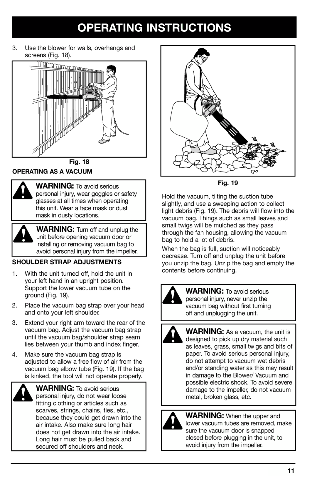 Ryobi 180r, 190r, 170r manual Operating AS a Vacuum Shoulder Strap Adjustments 