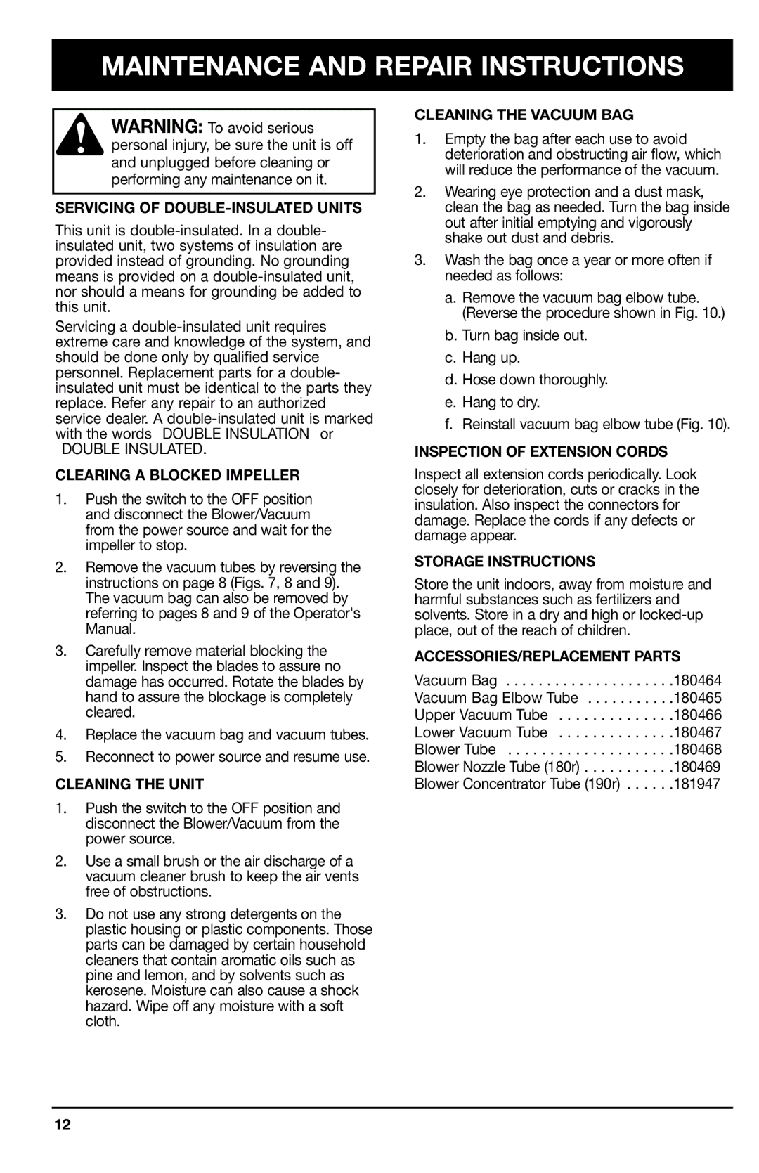 Ryobi 170r, 180r, 190r manual Maintenance and Repair Instructions 